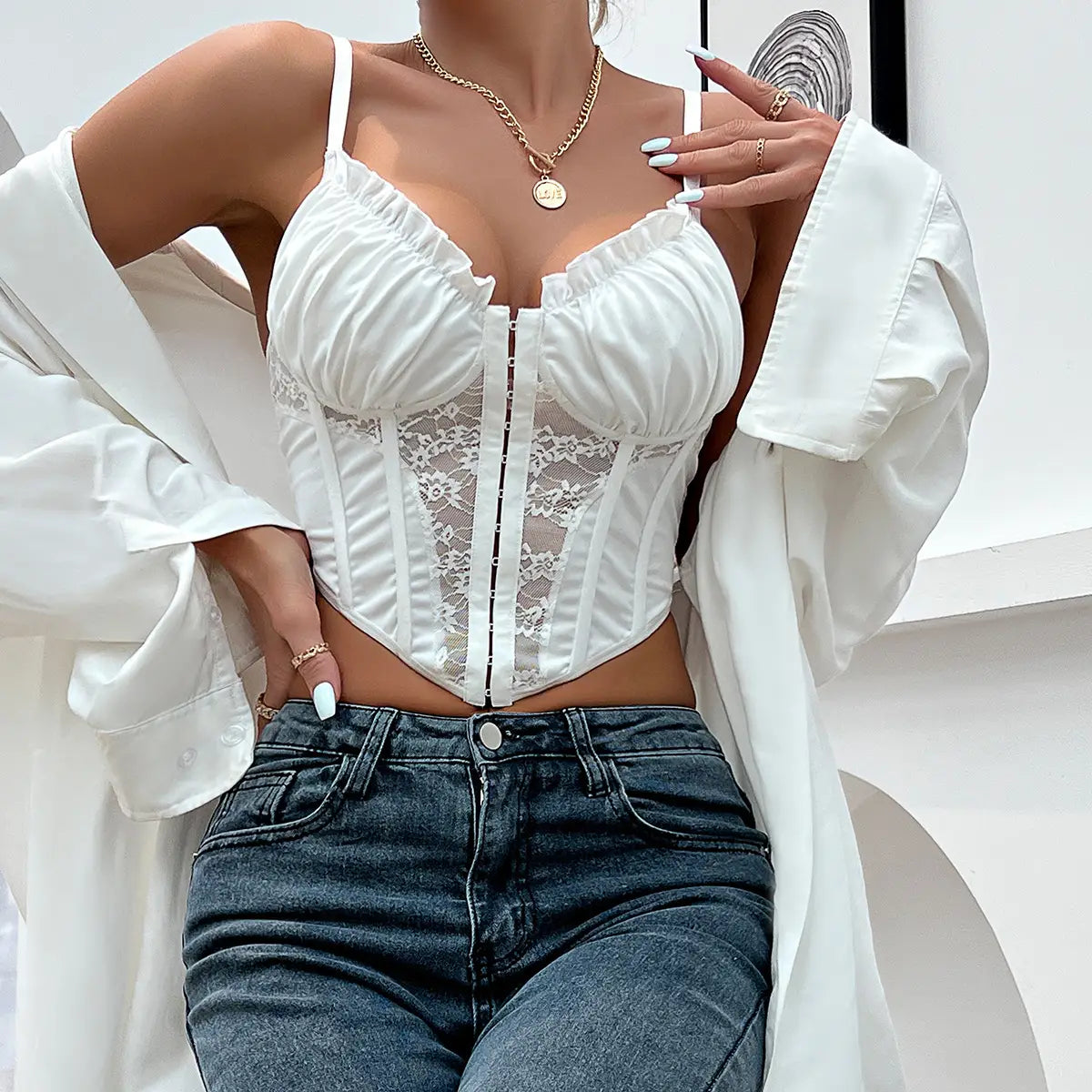 Lace Ruffle Bustier with Button Front & Boning