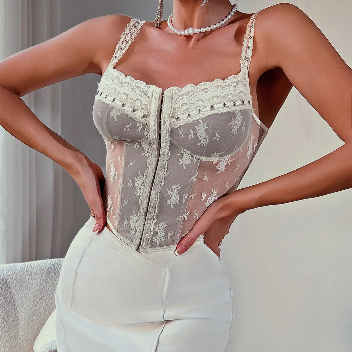 French-Style Lace Panel Bustier with Metal Accents