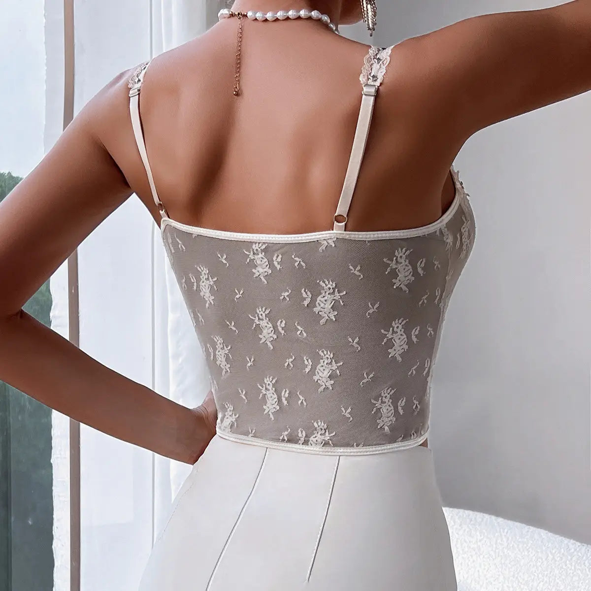 French-Style Lace Panel Bustier with Metal Accents
