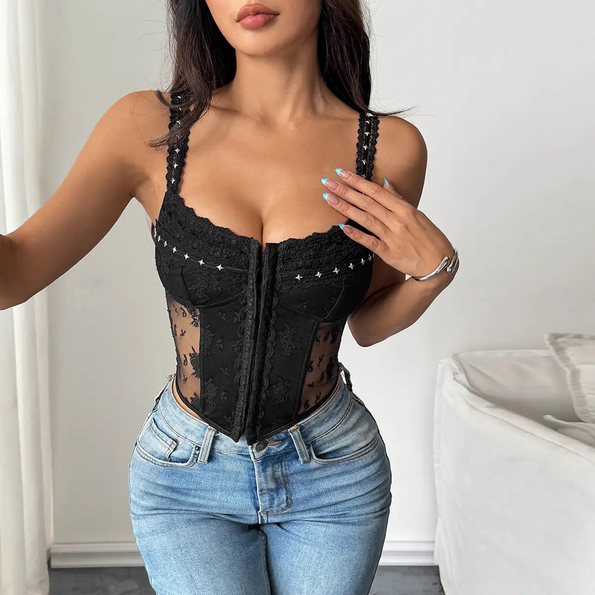 French-Style Lace Panel Bustier with Metal Accents