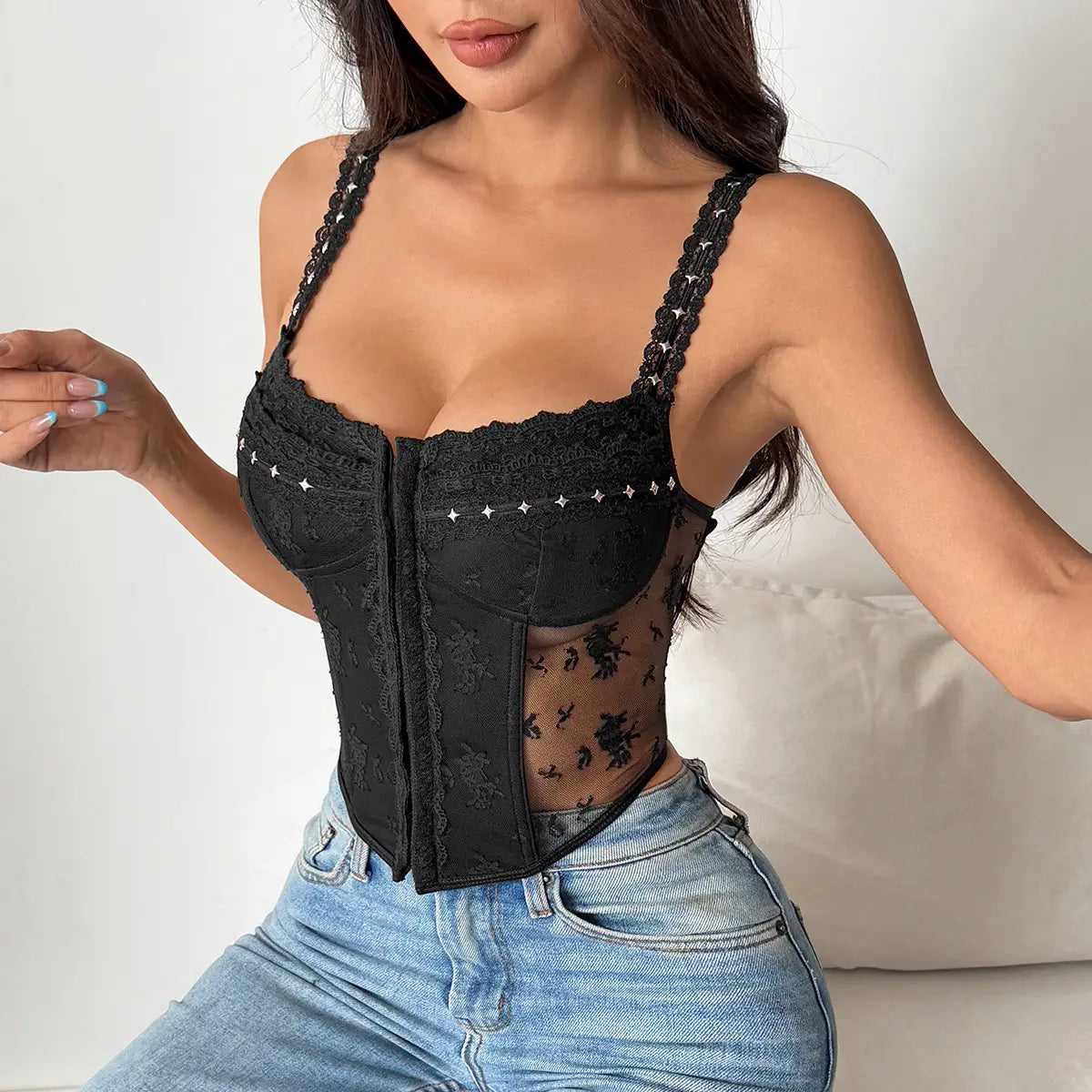 French-Style Lace Panel Bustier with Metal Accents