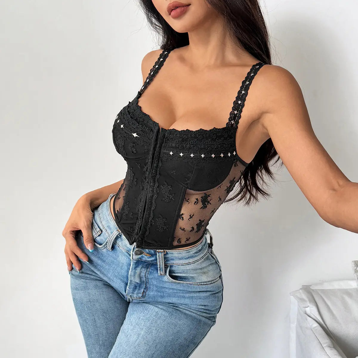 French-Style Lace Panel Bustier with Metal Accents