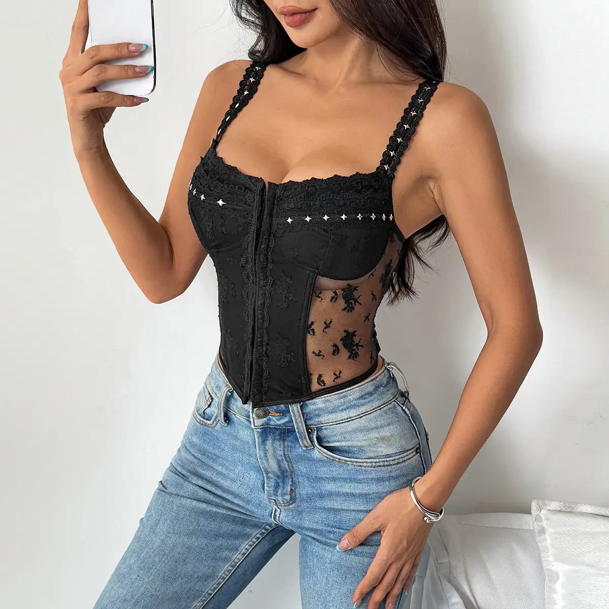 French-Style Lace Panel Bustier with Metal Accents