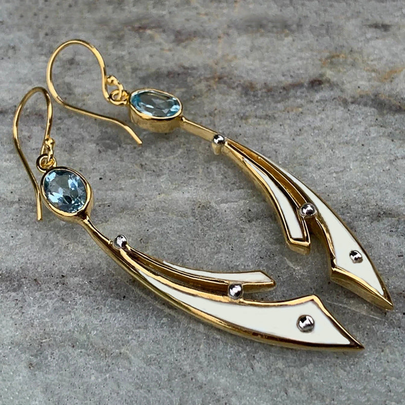 Gold Blue Crystal Gemstone Drop Earrings – Elegant Evening Jewelry
