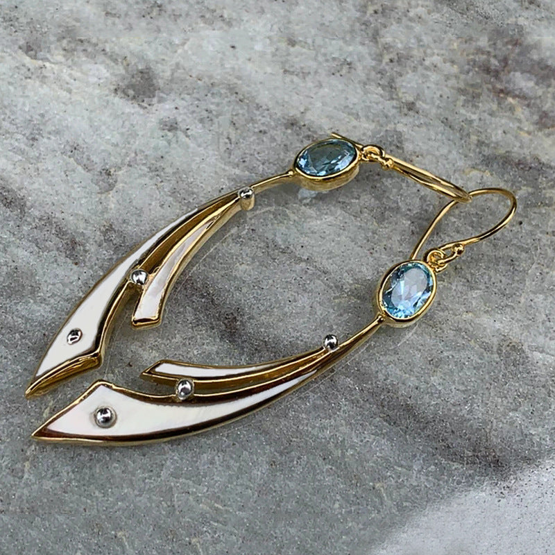 Gold Blue Crystal Gemstone Drop Earrings – Elegant Evening Jewelry