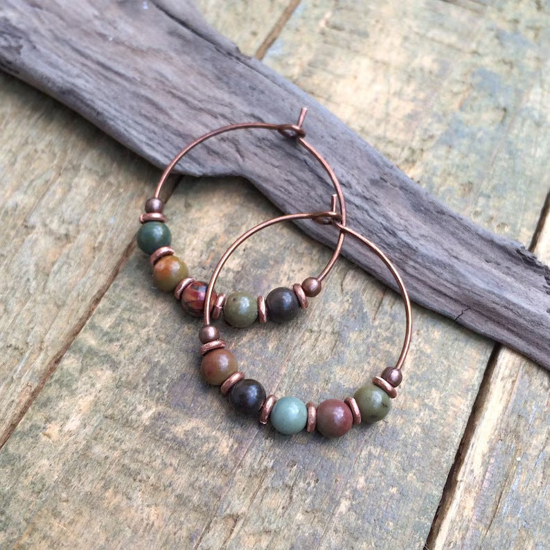 Boho Copper Hoop Earrings – Handmade Natural Stone Beaded Earrings with Rustic Charm