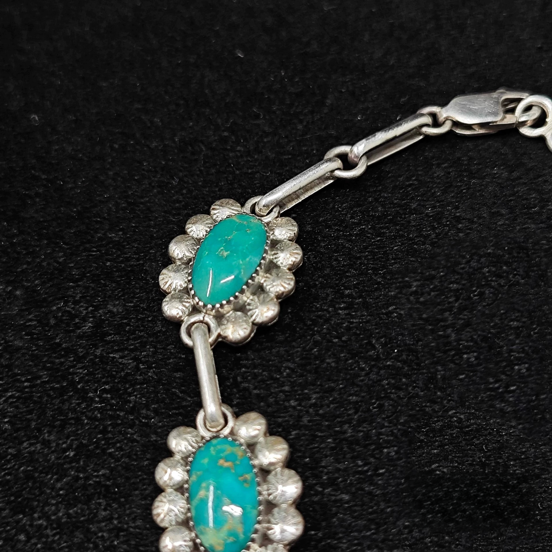 Vintage Turquoise and Sterling Silver Floral Link Bracelet – Handmade Boho Western Jewelry for Women