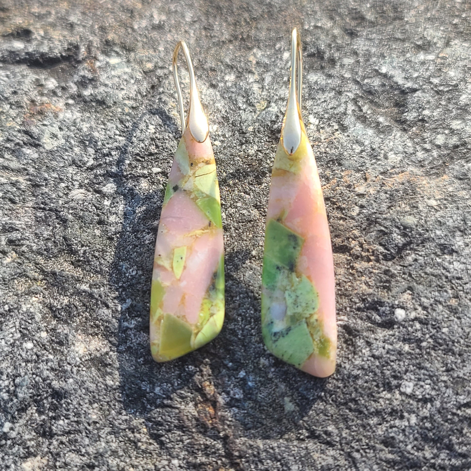 Handmade Pastel Green & Pink Mosaic Resin Earrings – Nature-Inspired Drop Earrings with Gold Hooks