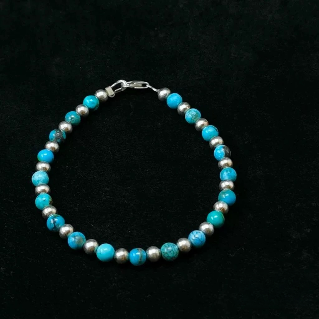 Turquoise and Silver Beaded Bracelet – Handmade Stretch Bracelet for Women and Men