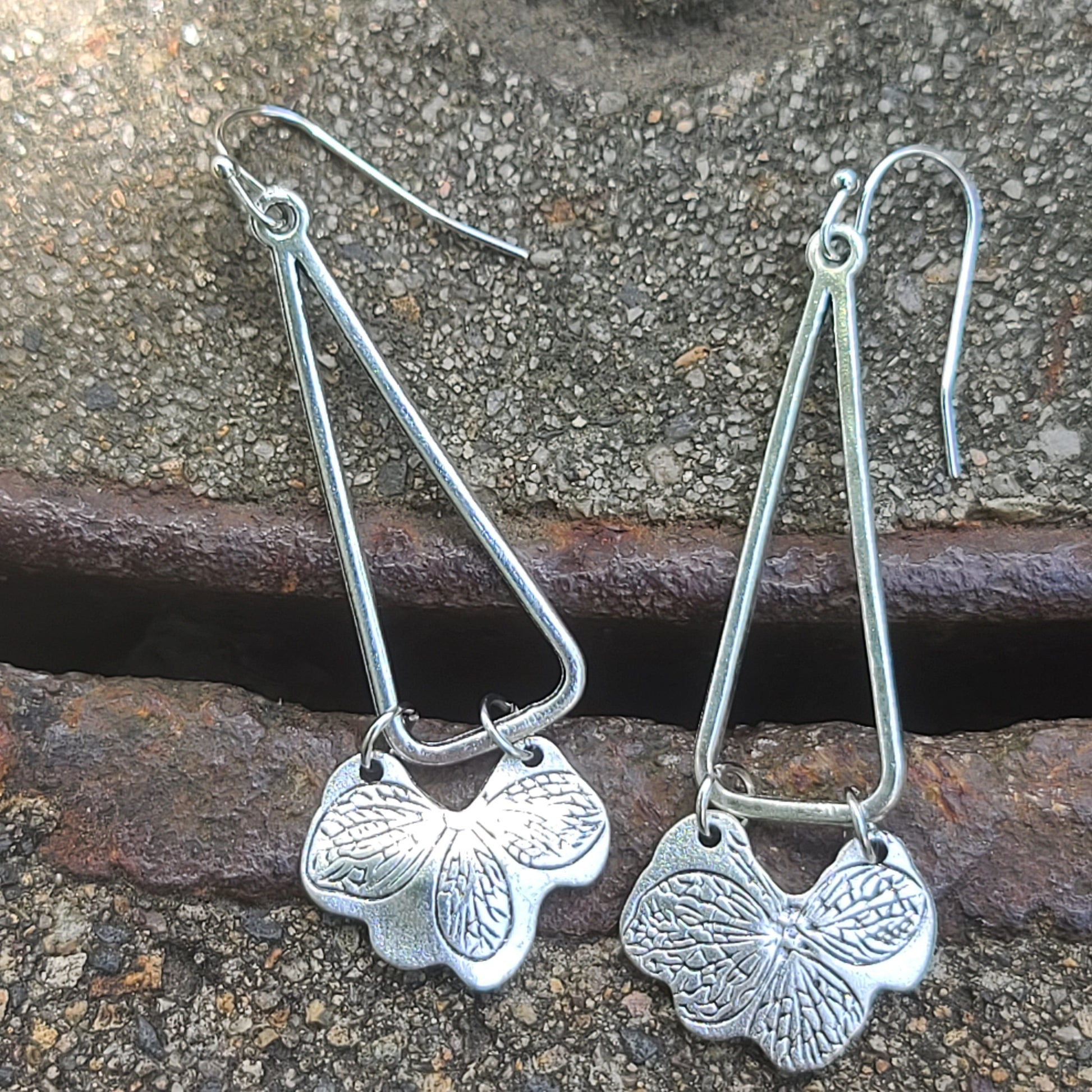 Butterfly Charm Geometric Drop Earrings – Silver-Tone Triangle Frame Dangles