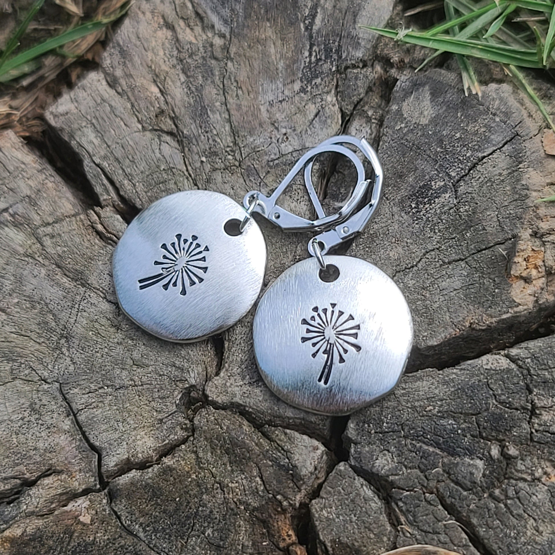 Handmade Brushed Silver Dandelion Earrings – Round Drop Earrings with Leverback Hooks