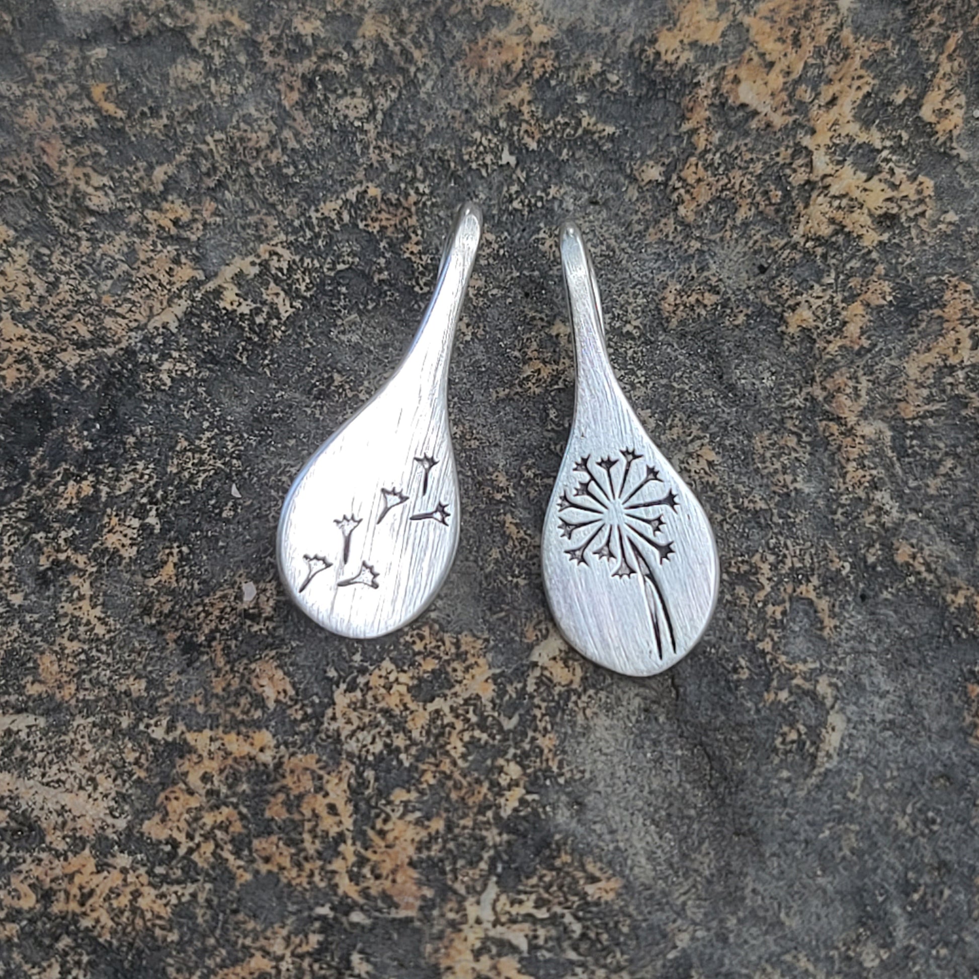 Asymmetrical Dandelion Drop Earrings – Brushed Silver Teardrop Earrings with Wish Motif
