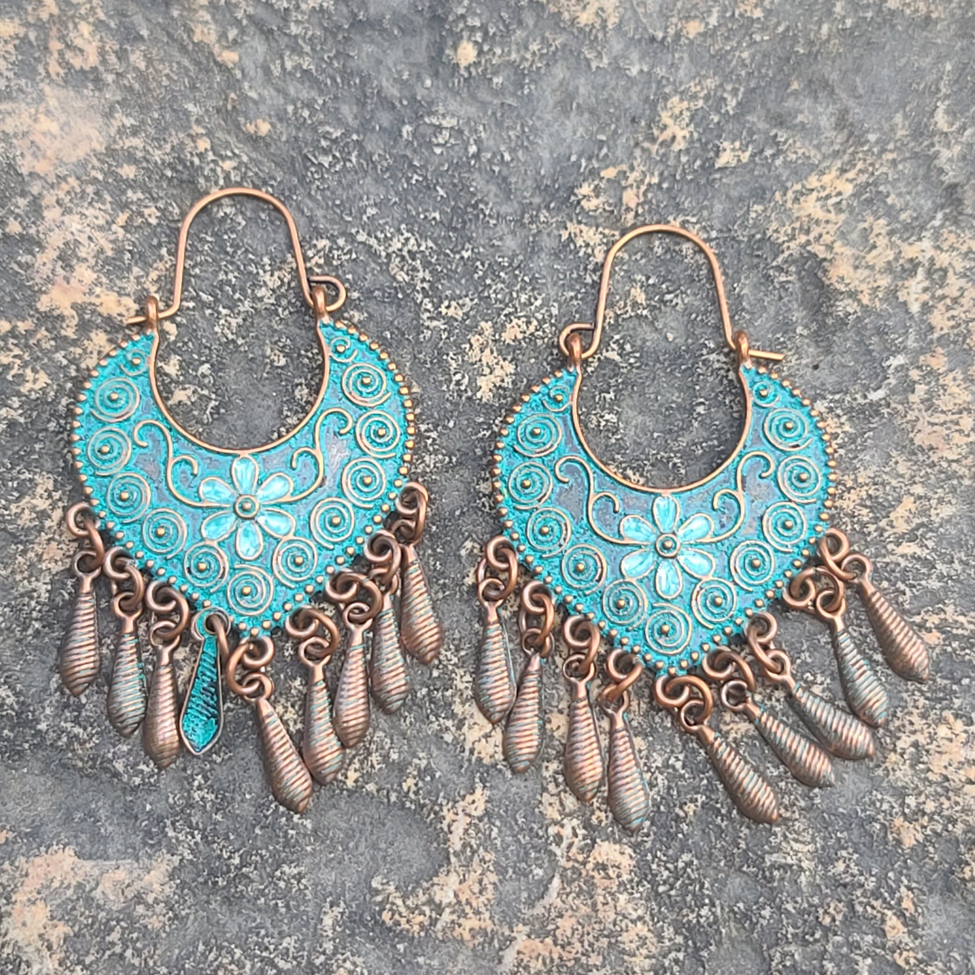 Bohemian Vintage Turquoise Chandelier Earrings – Antique Copper Floral Drop Dangles