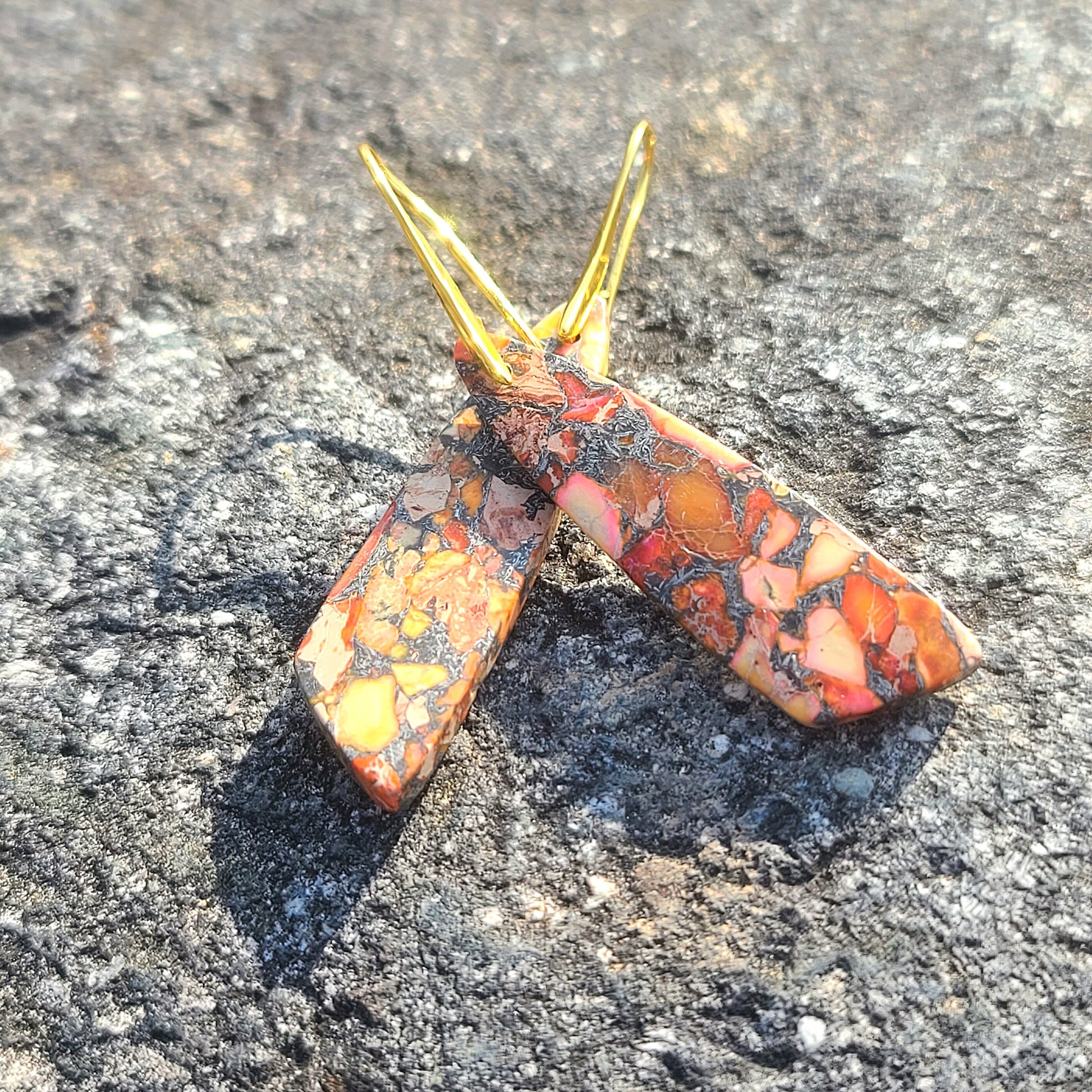 Handcrafted Fiery Orange Mosaic Resin Earrings – Bold Geometric Drop Design with Gold Hooks