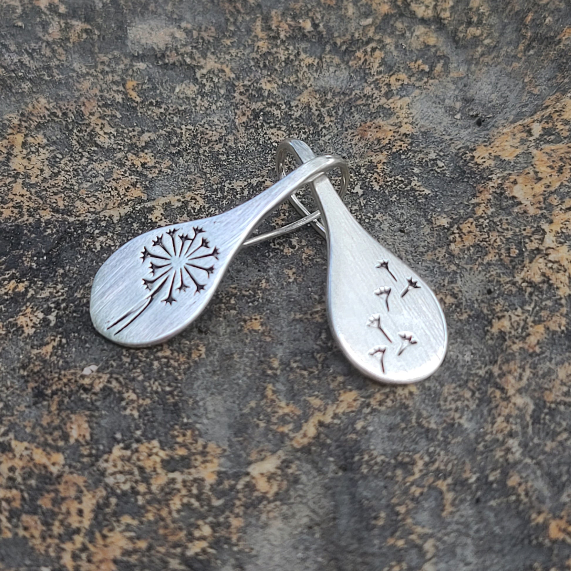 Asymmetrical Dandelion Drop Earrings – Brushed Silver Teardrop Earrings with Wish Motif