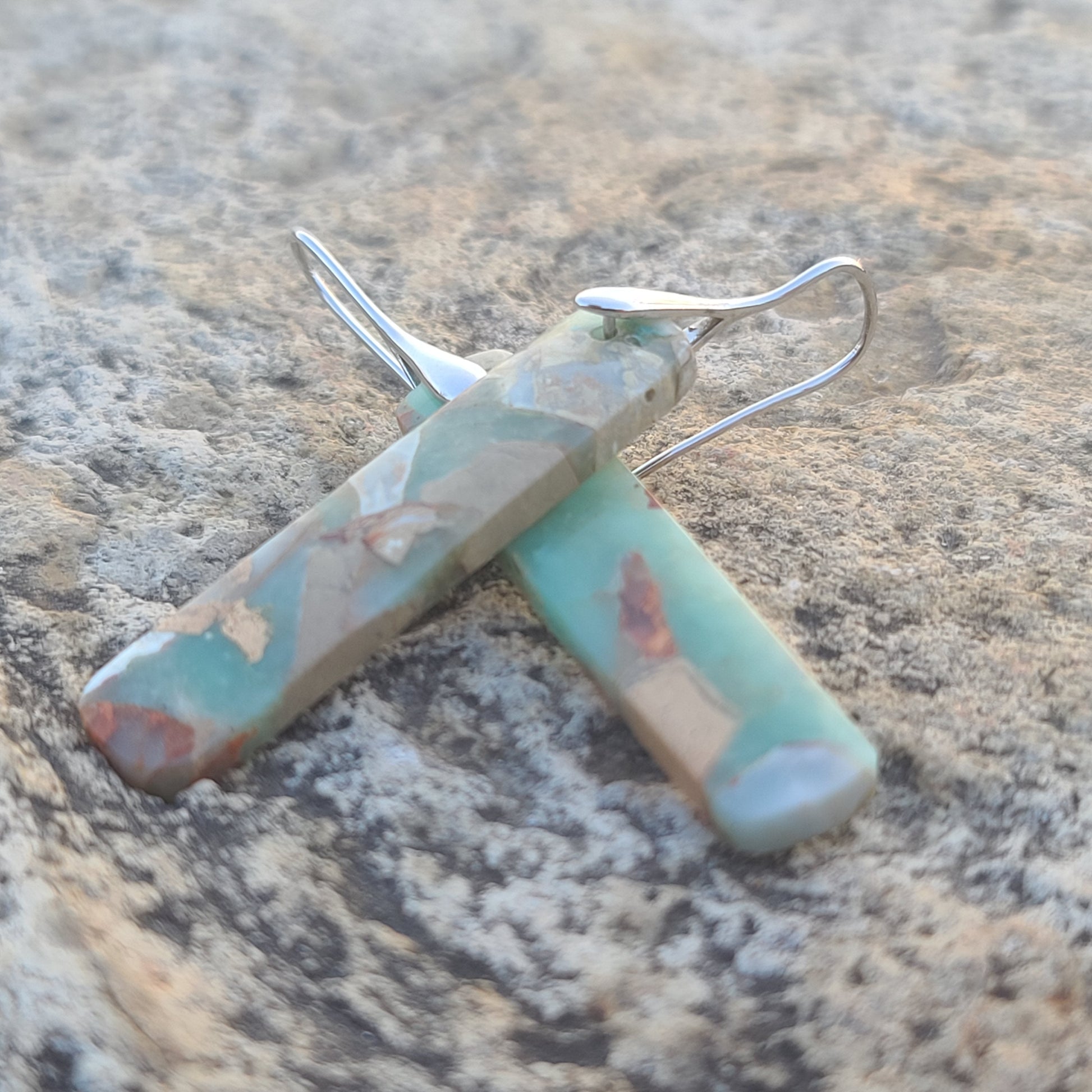 Handmade Sage Green & Earth-Tone Mosaic Resin Earrings – Long Rectangular Drops with Silver Hooks
