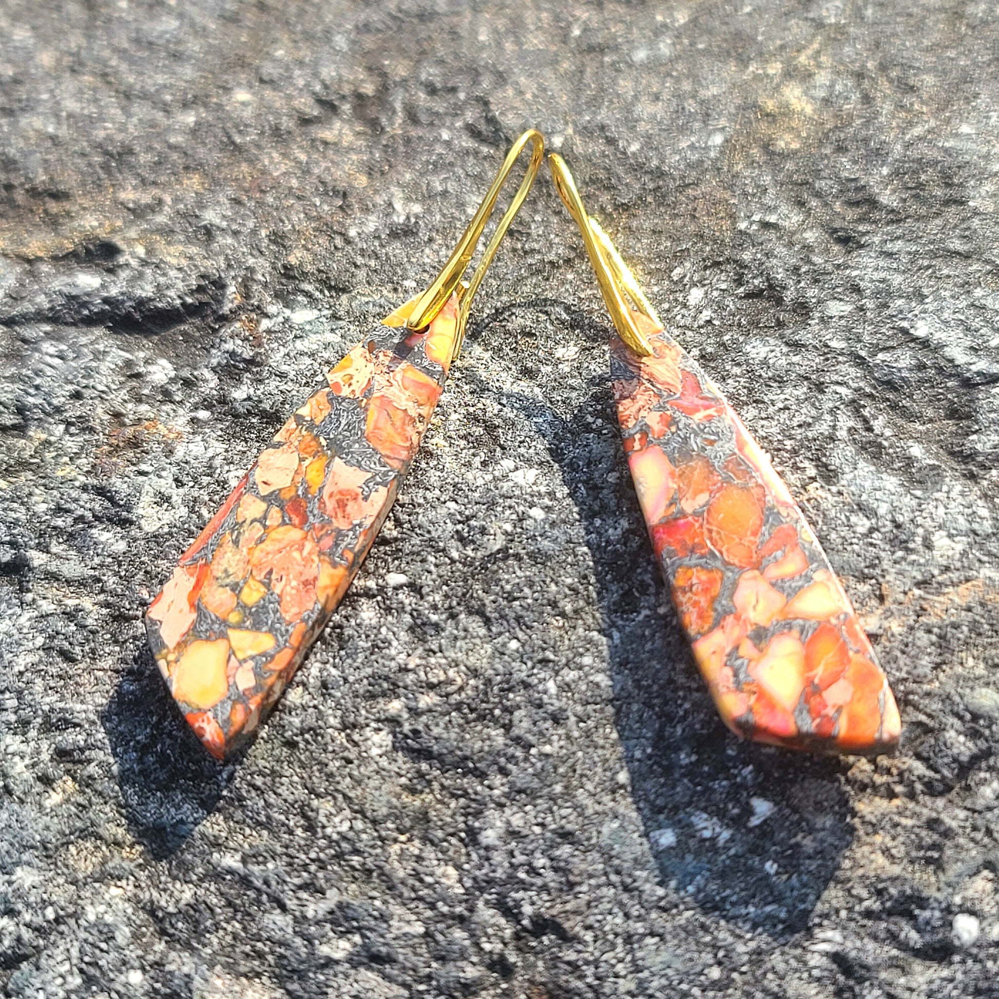 Handcrafted Fiery Orange Mosaic Resin Earrings – Bold Geometric Drop Design with Gold Hooks