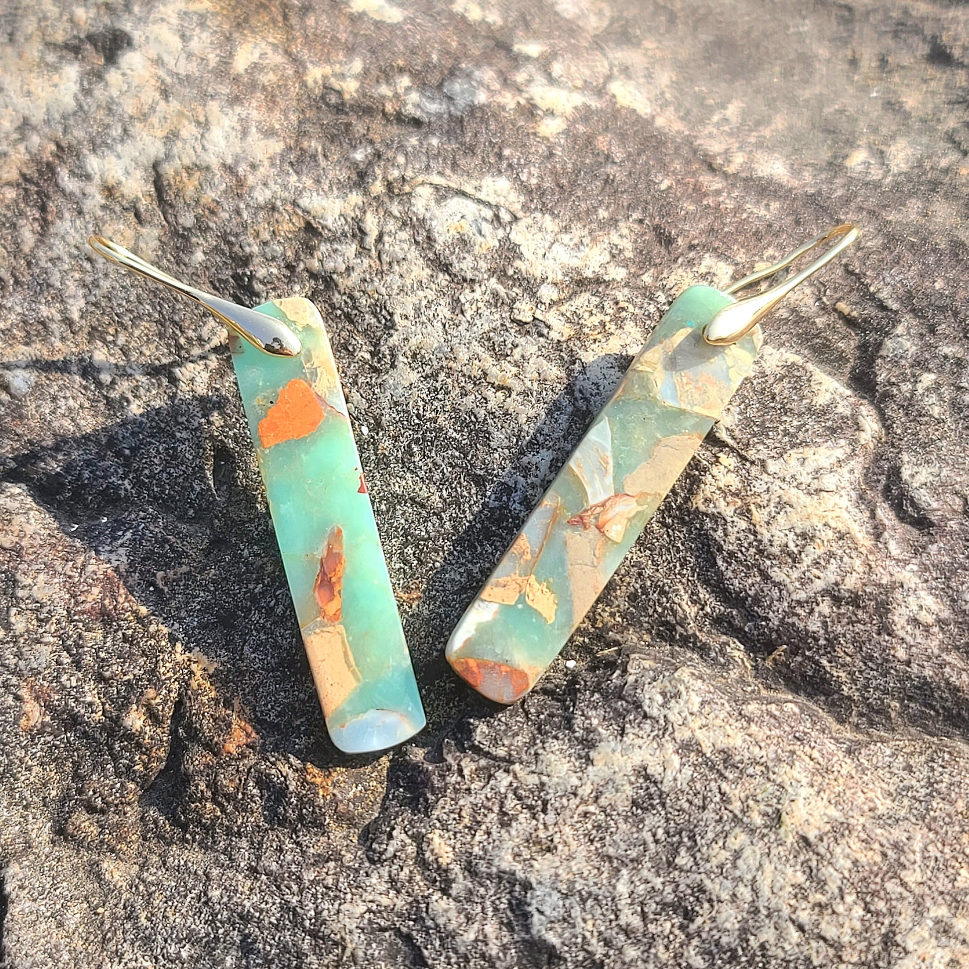 Handmade Mint Green & Terracotta Mosaic Resin Earrings – Long Rectangular Drop with Gold Hooks