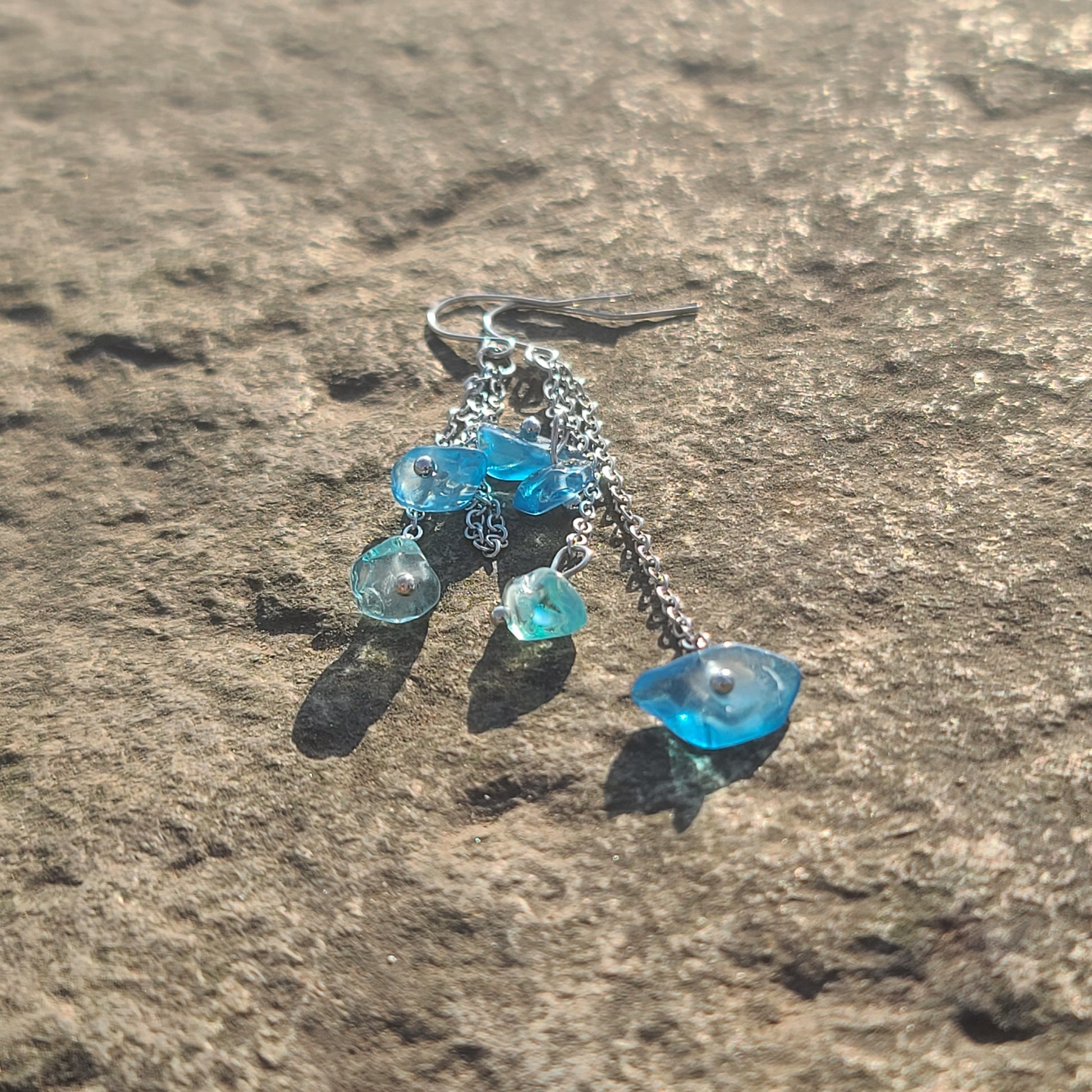 Elegant Blue Crystal Chip Dangle Earrings – Silver Chain Waterfall Drop Design