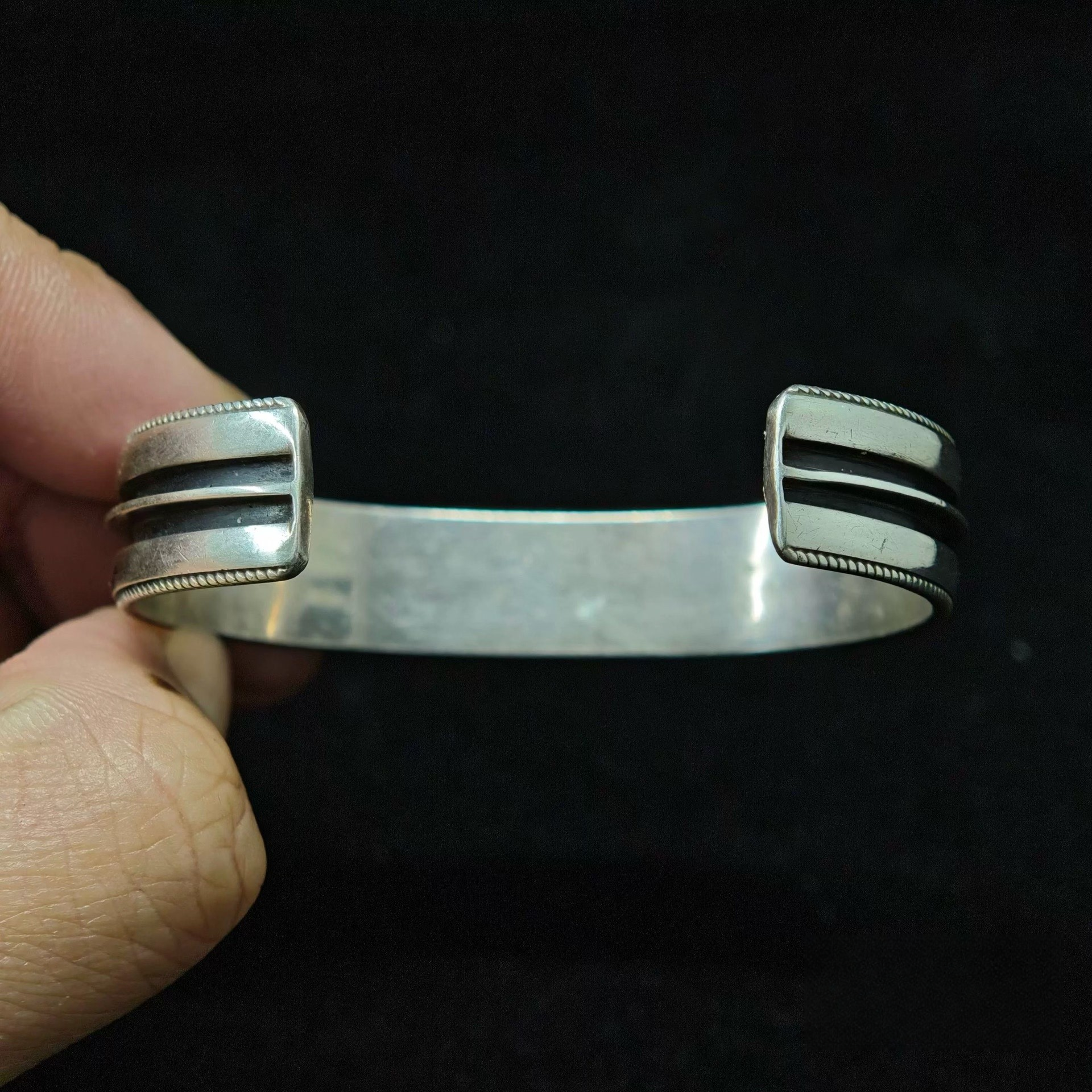 Minimalist Sterling Silver Cuff Bracelet with Dual Groove Design –  Handmade Polished Bangle