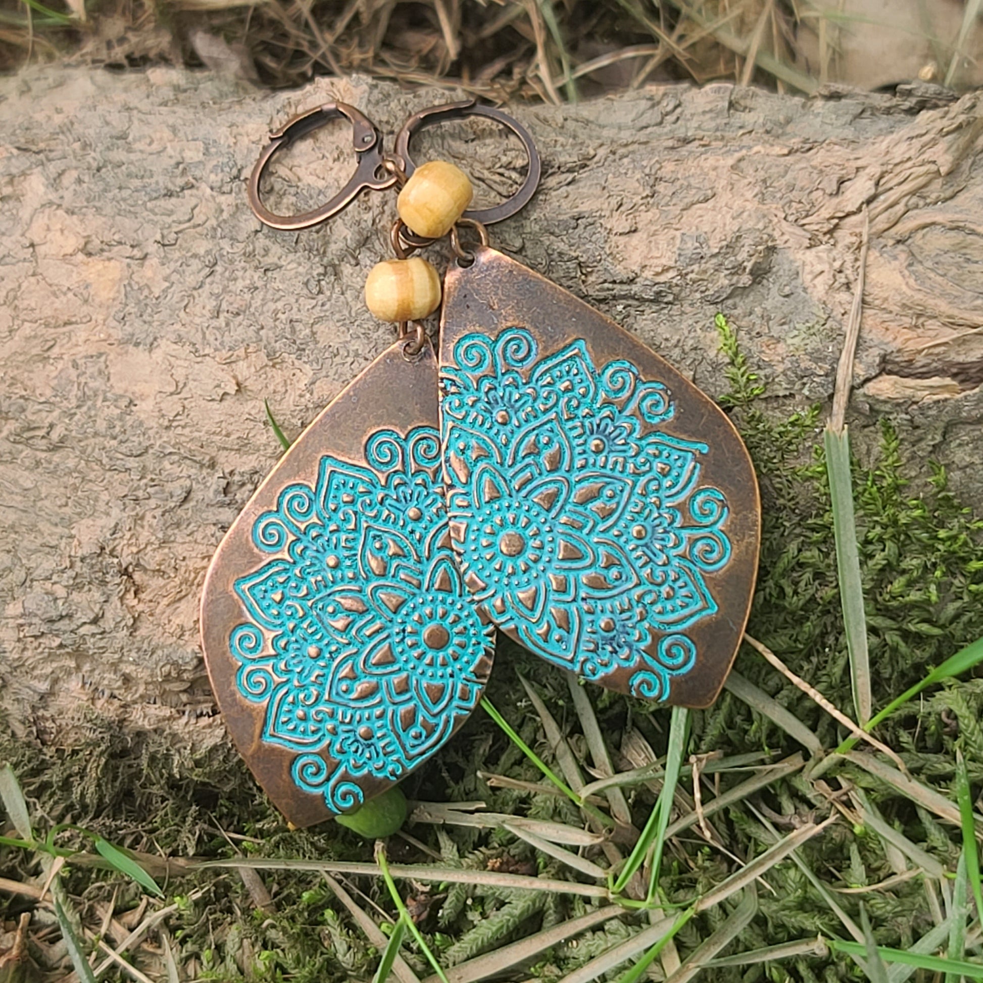 Boho Mandala Drop Earrings – Antique Bronze & Turquoise Engraved Tribal Statement Jewelry