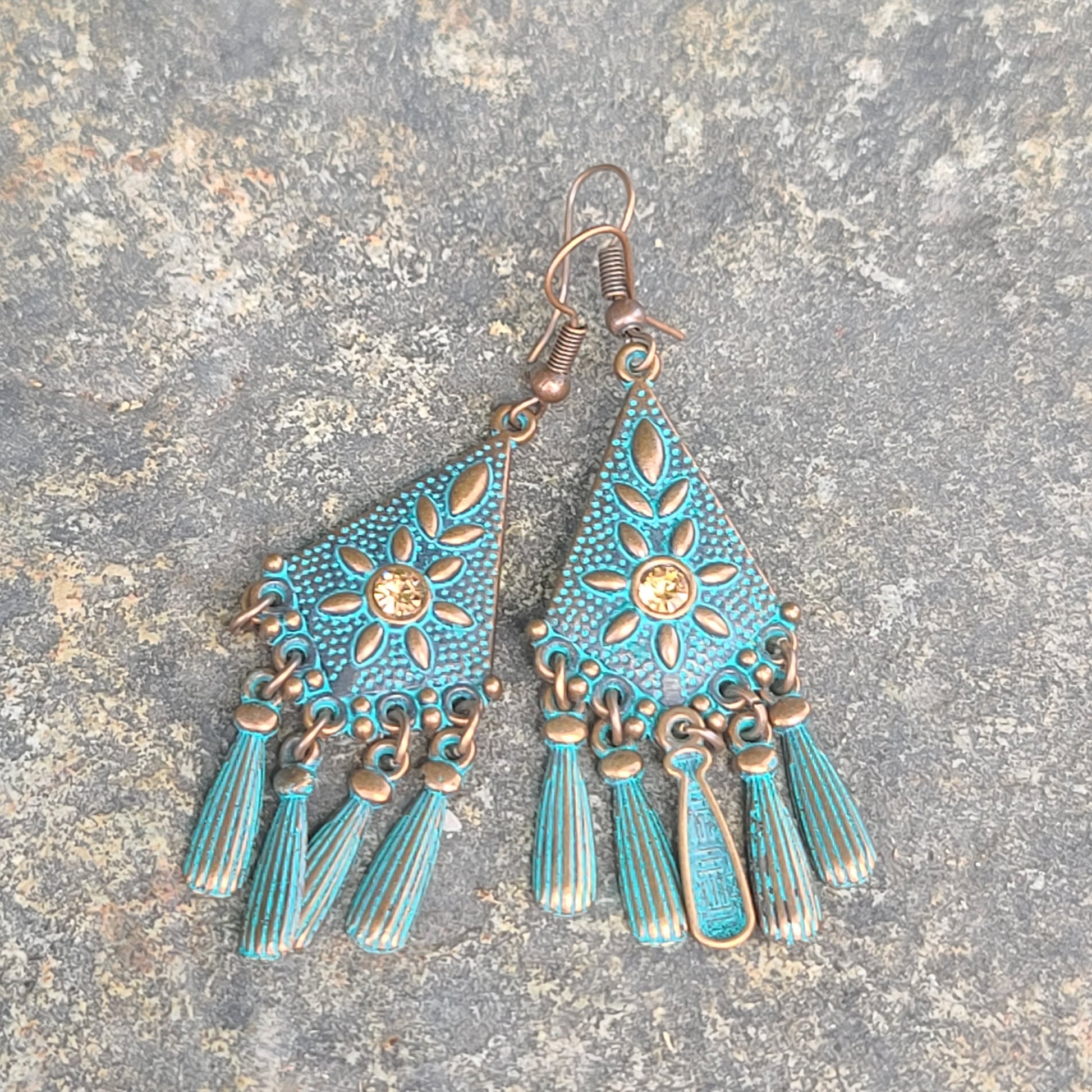 Bohemian Vintage Turquoise Chandelier Earrings – Antique Copper Floral Drop Dangles