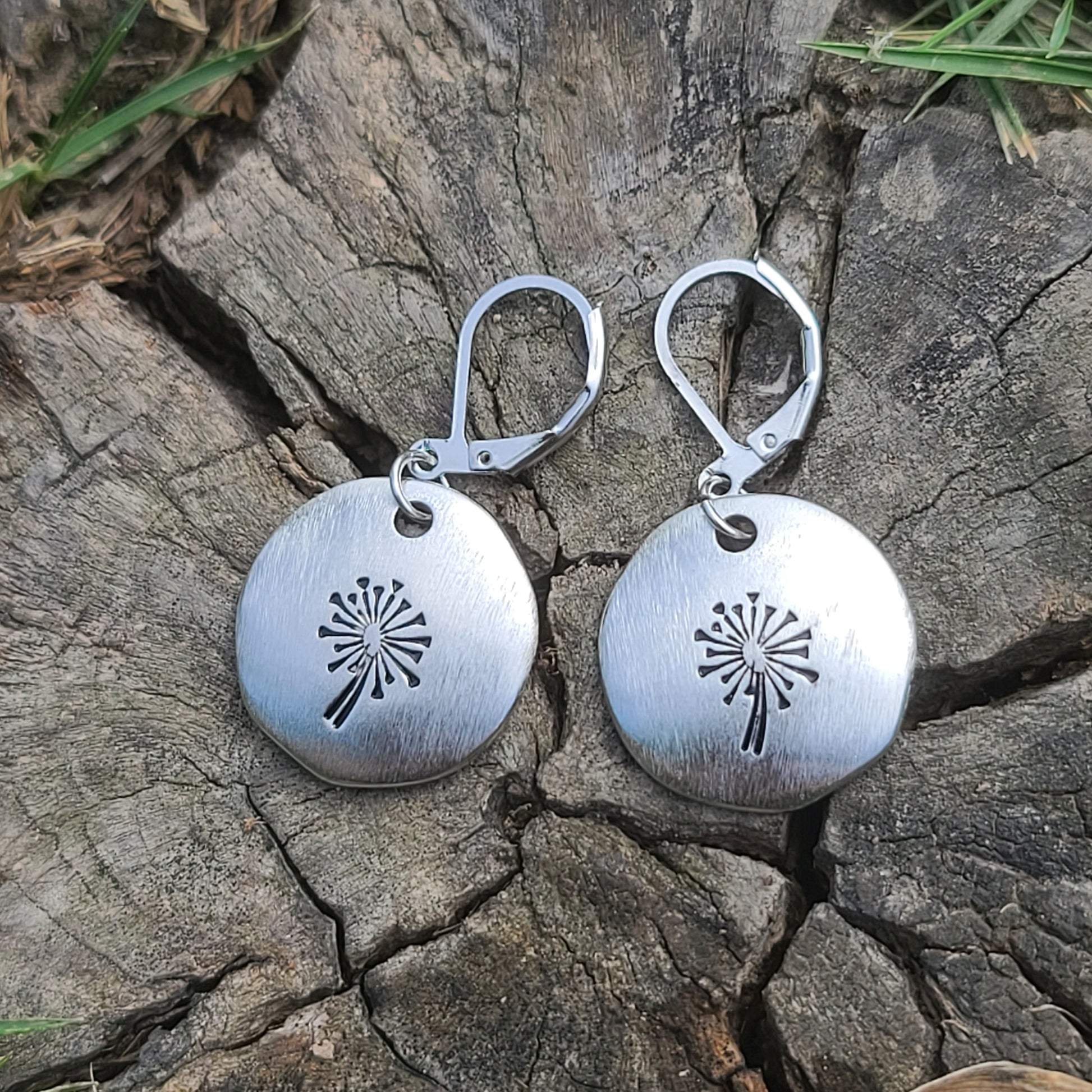 Handmade Brushed Silver Dandelion Earrings – Round Drop Earrings with Leverback Hooks