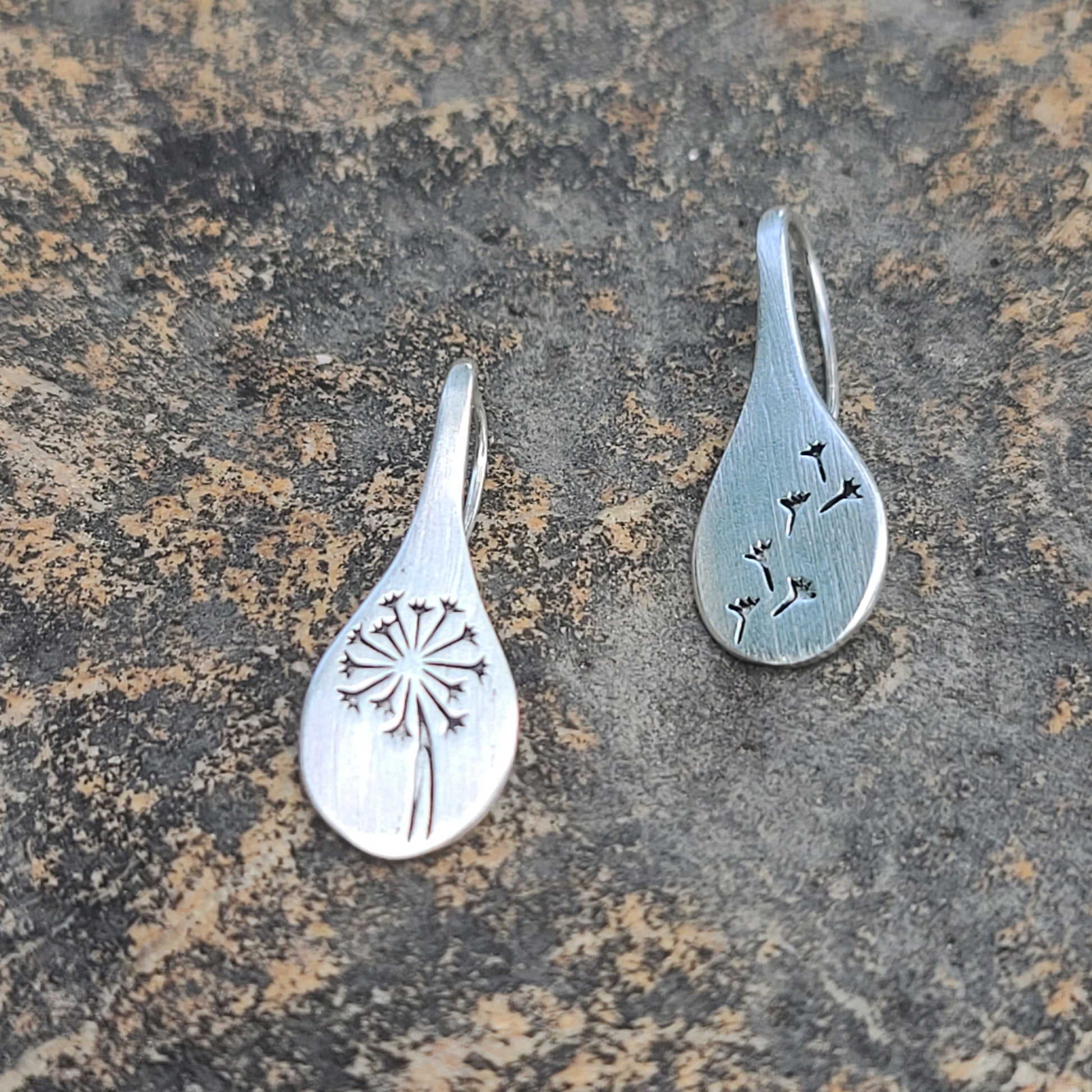 Asymmetrical Dandelion Drop Earrings – Brushed Silver Teardrop Earrings with Wish Motif