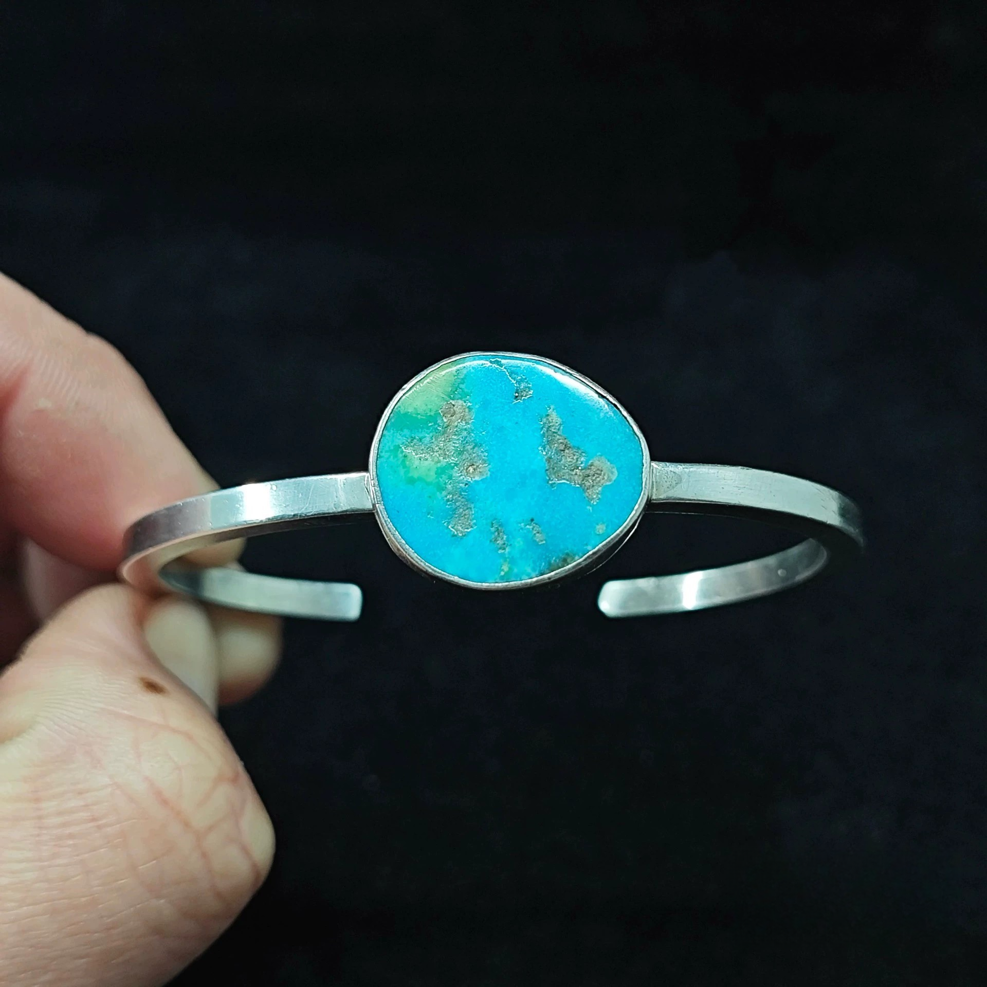 Handmade Sterling Silver Cuff Bracelet with Natural Oval Turquoise – Minimalist Boho Jewelry for Women & Men
