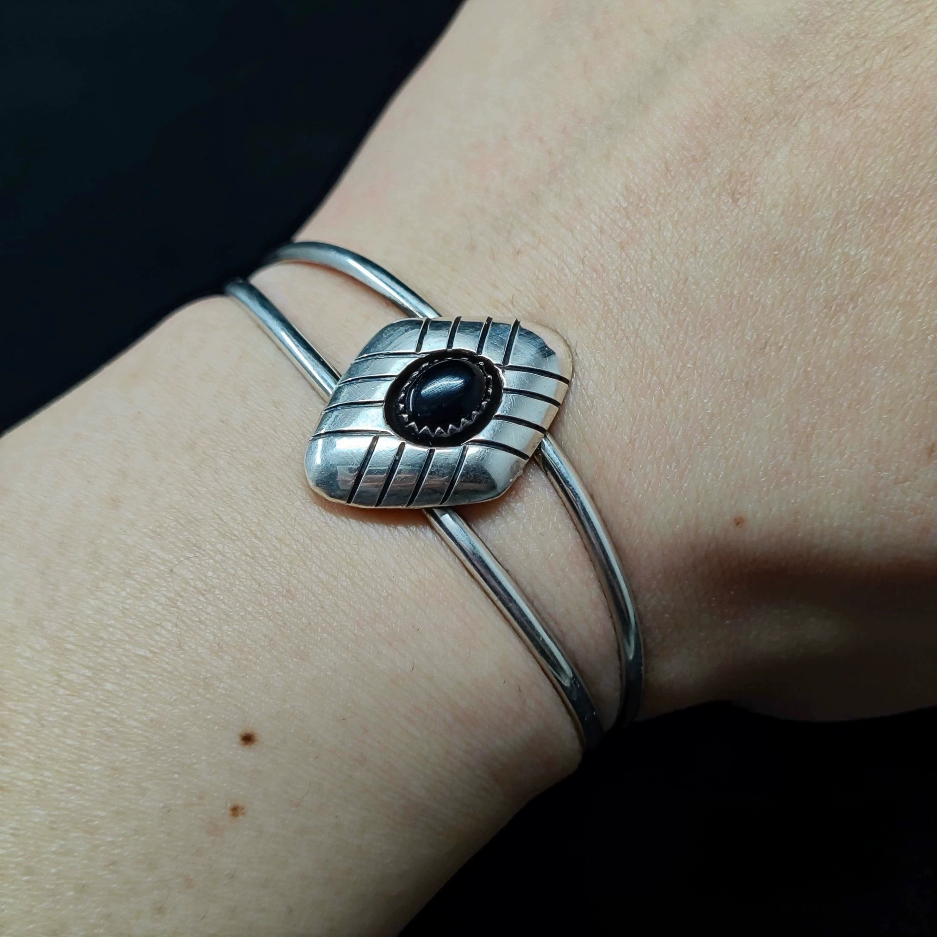 Handmade Sterling Silver Cuff Bracelet with Black Onyx – Geometric Shield Design Double Band Bangle
