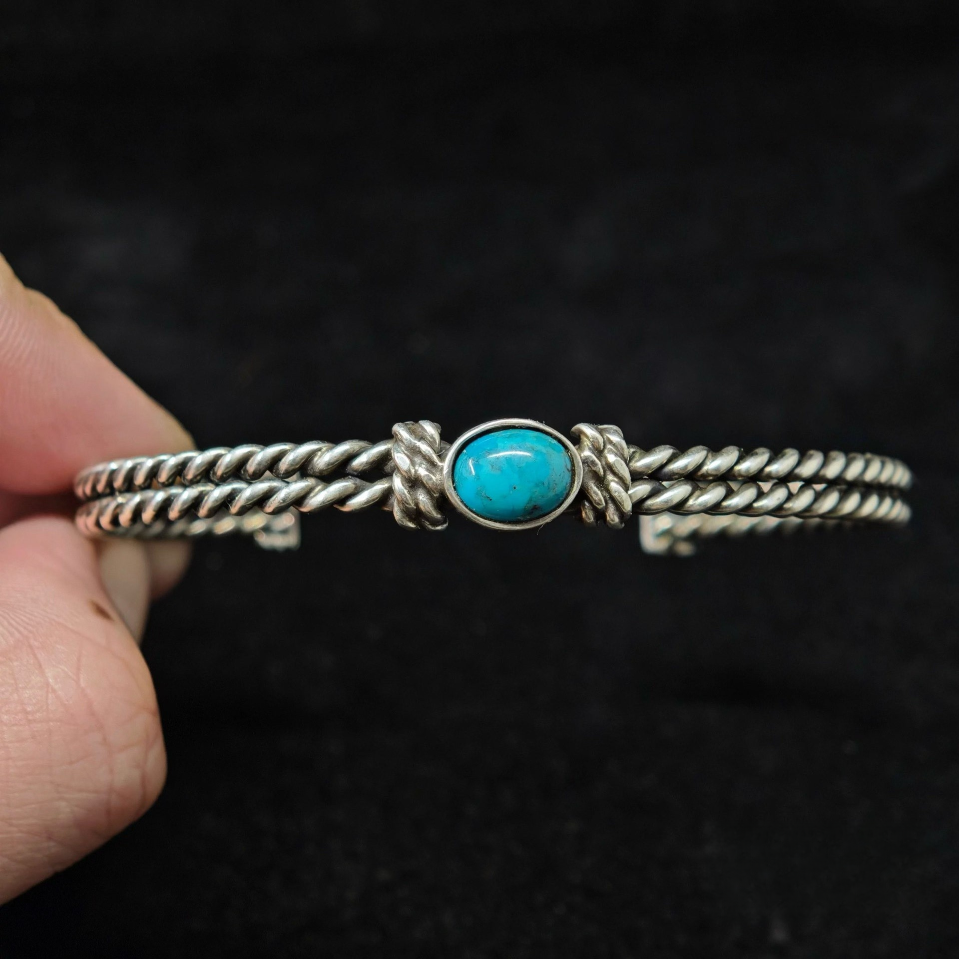 Twisted Rope Sterling Silver Cuff Bracelet with Turquoise – Handcrafted Southwestern Style Bangle