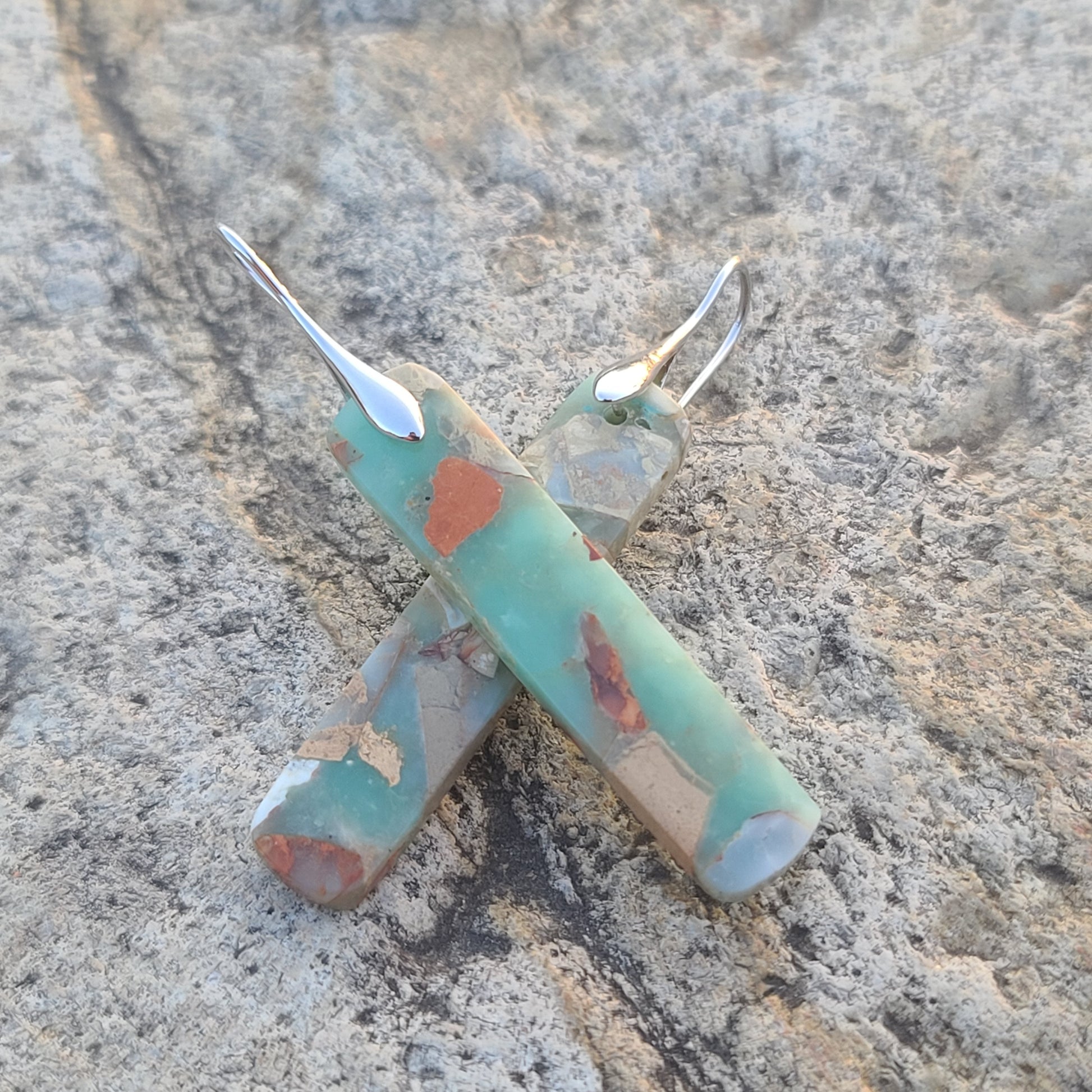 Handmade Sage Green & Earth-Tone Mosaic Resin Earrings – Long Rectangular Drops with Silver Hooks