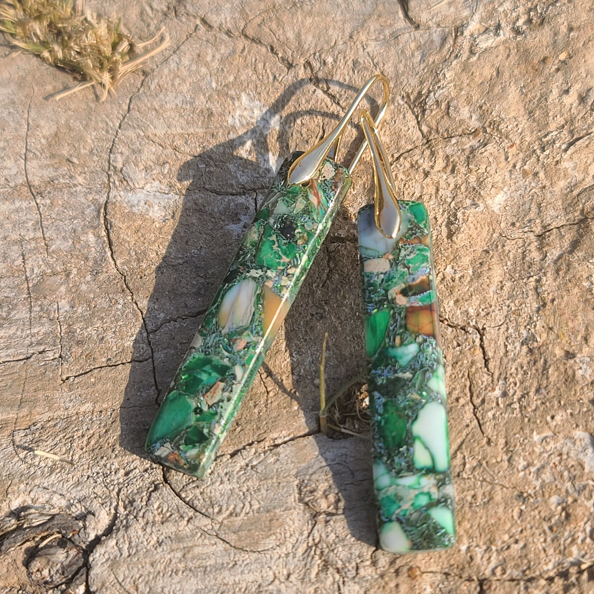 Handmade Forest Green Mosaic Resin Earrings – Long Rectangular Drop Earrings with Gold Hooks