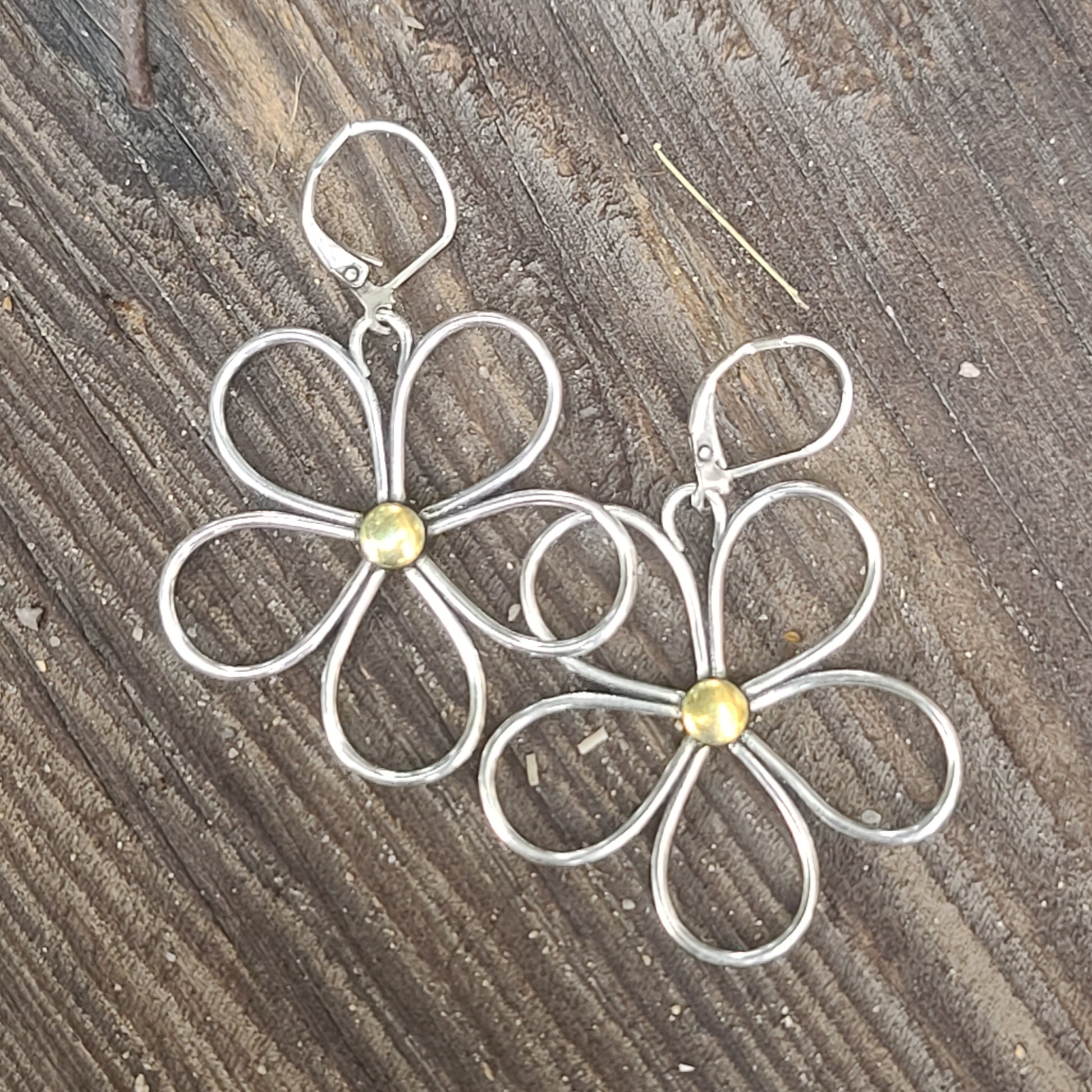 Whimsical Flower Earrings - Handmade Silver Flower Drops with Gold Center