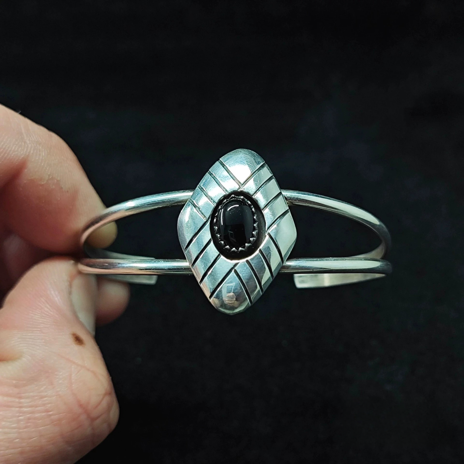 Handmade Sterling Silver Cuff Bracelet with Black Onyx – Geometric Shield Design Double Band Bangle