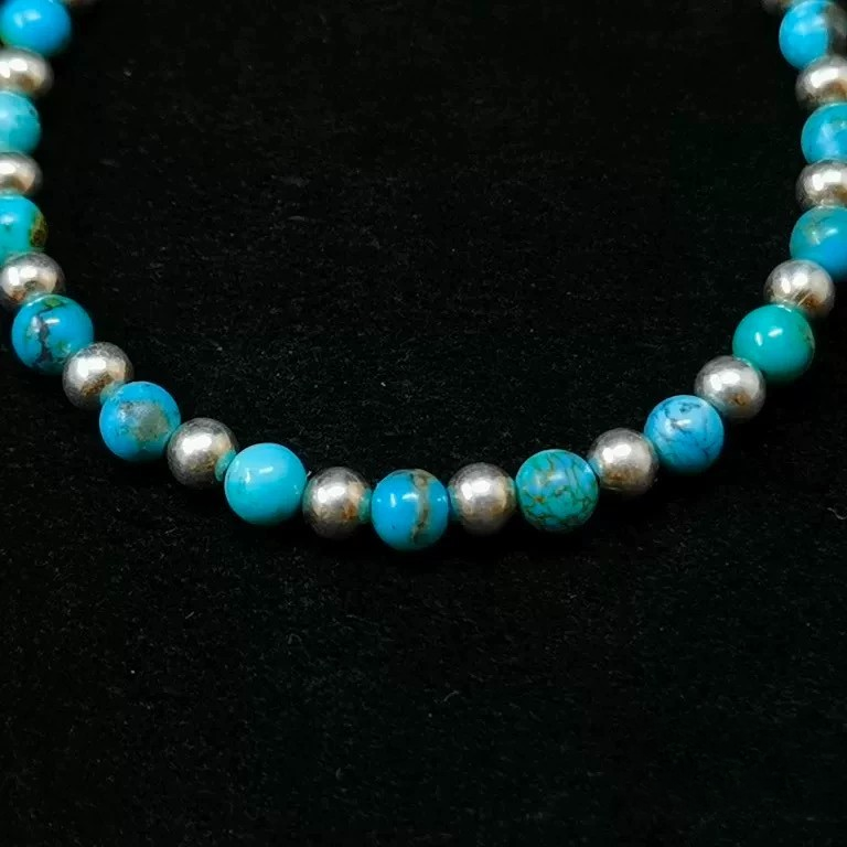 Turquoise and Silver Beaded Bracelet – Handmade Stretch Bracelet for Women and Men
