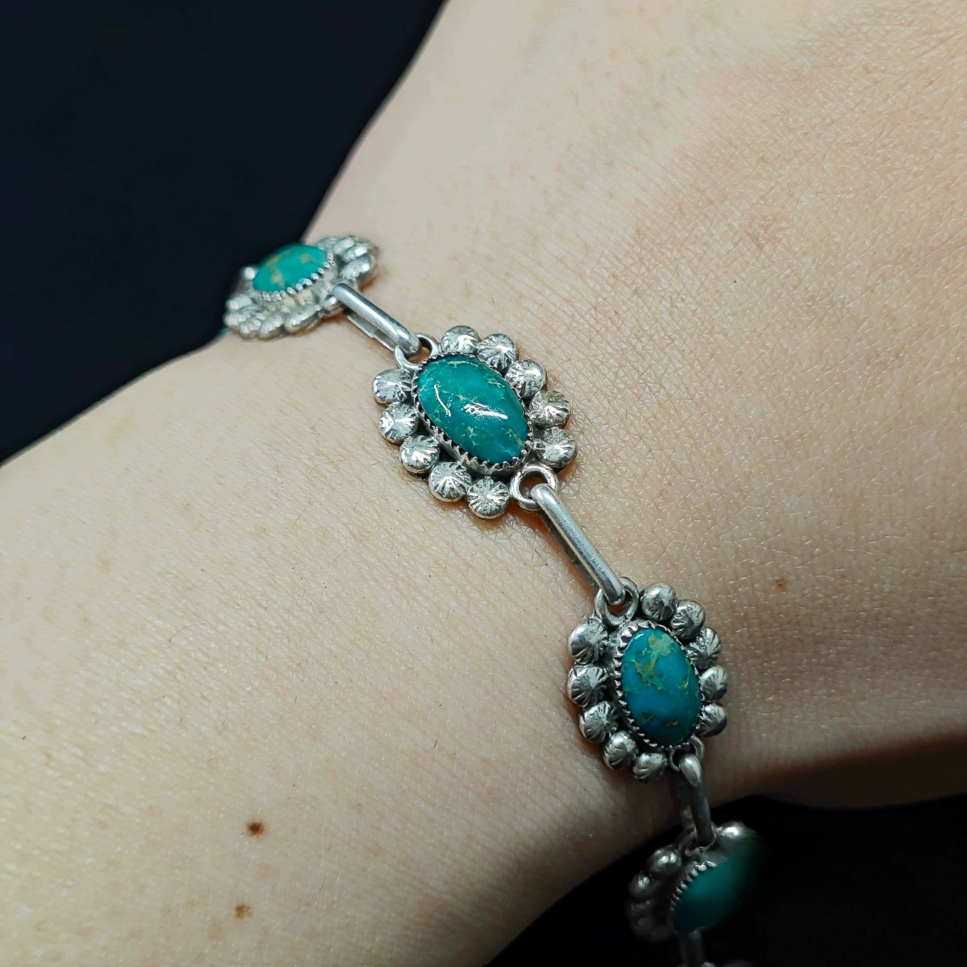 Vintage Turquoise and Sterling Silver Floral Link Bracelet – Handmade Boho Western Jewelry for Women