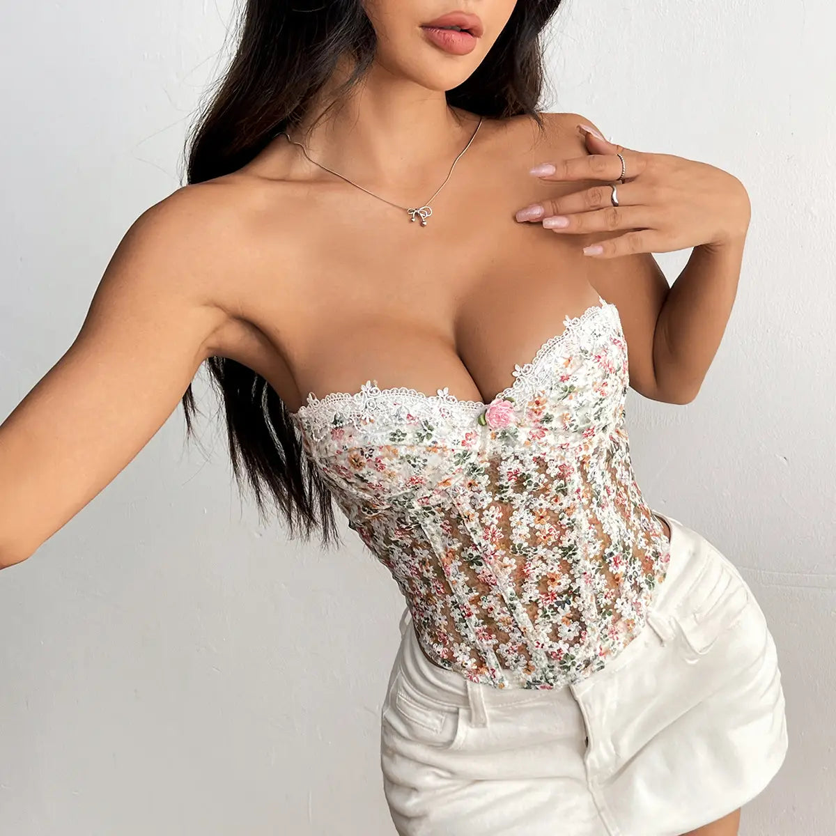 Floral Embroidered Underwire Bustier with Boning & Lace-Up