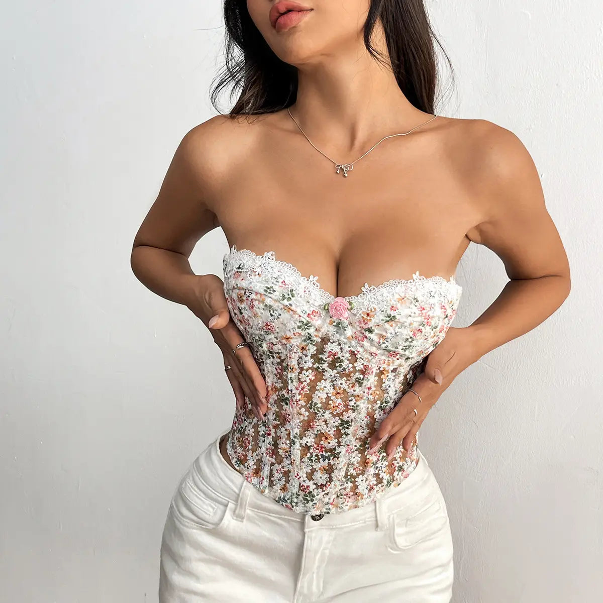 Floral Embroidered Underwire Bustier with Boning & Lace-Up