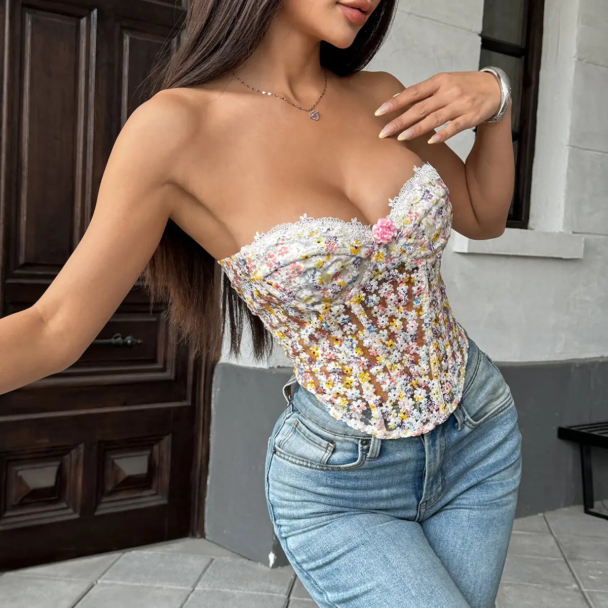 Floral Embroidered Underwire Bustier with Boning & Lace-Up
