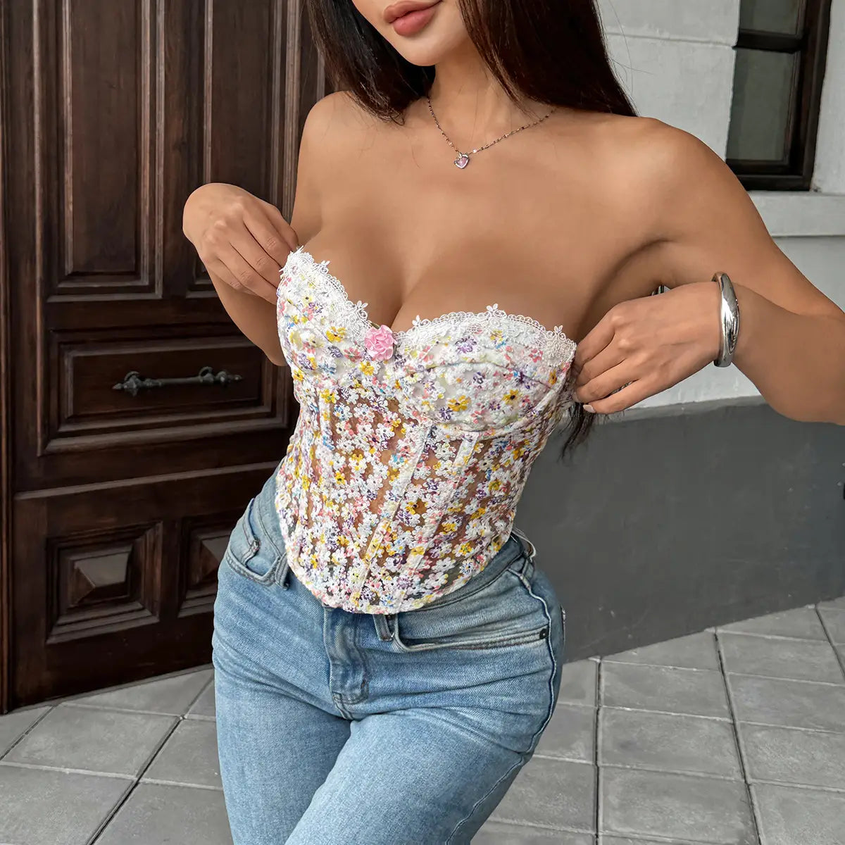 Floral Embroidered Underwire Bustier with Boning & Lace-Up