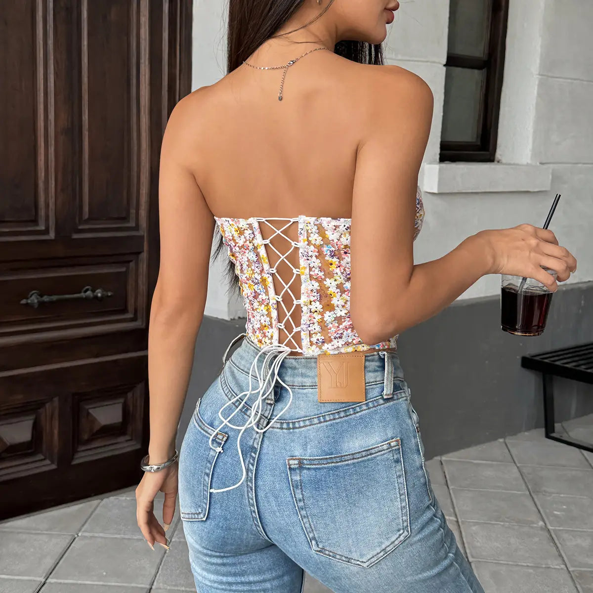 Floral Embroidered Underwire Bustier with Boning & Lace-Up