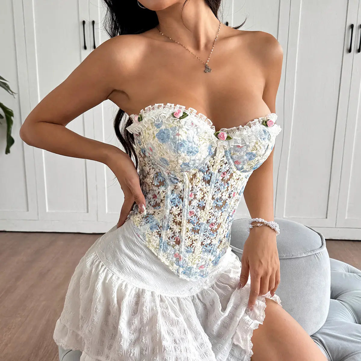 Floral Embroidered Lace Trim Strapless Top with Back Tie