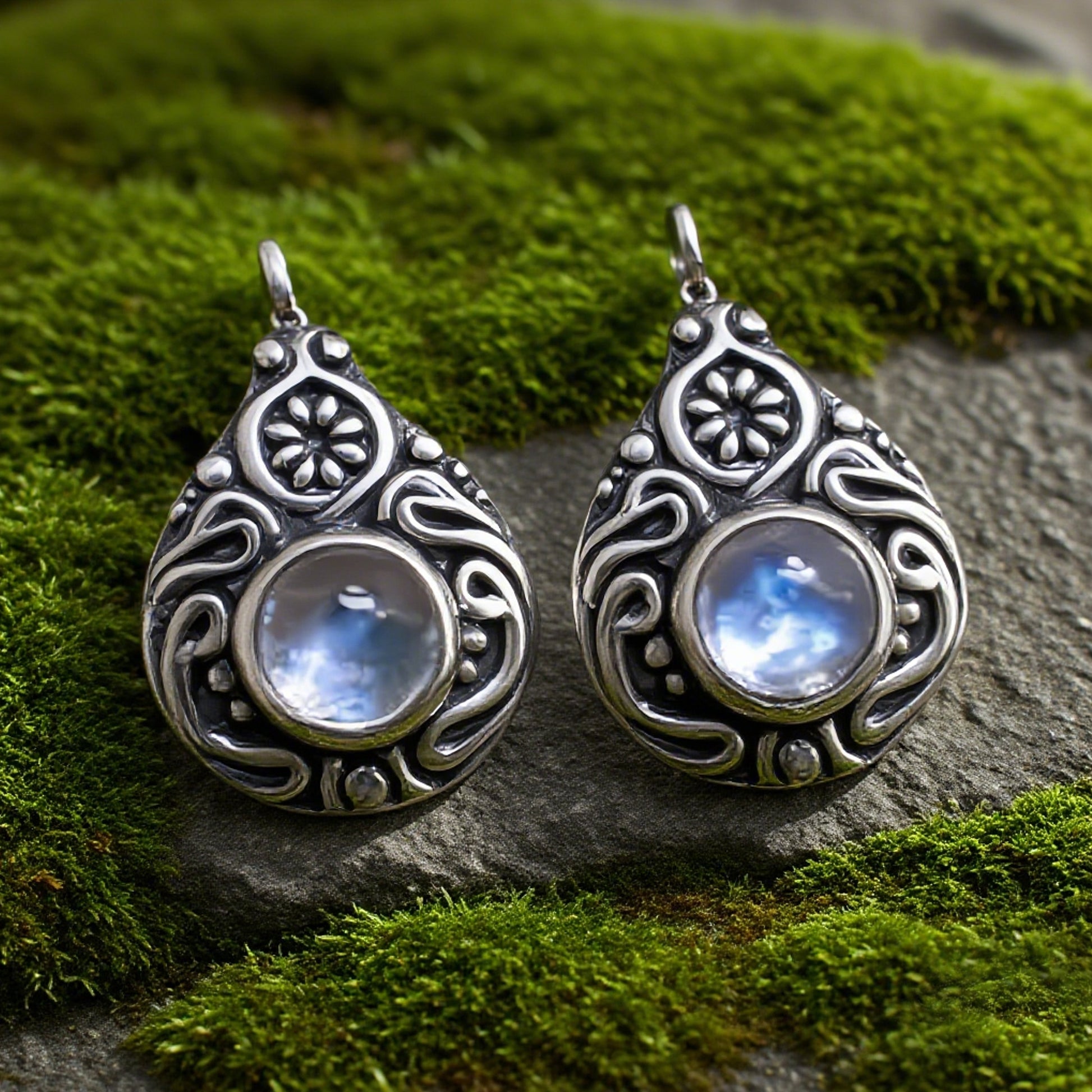 Sterling Silver Moonstone Drop Earrings with Intricate Floral Design