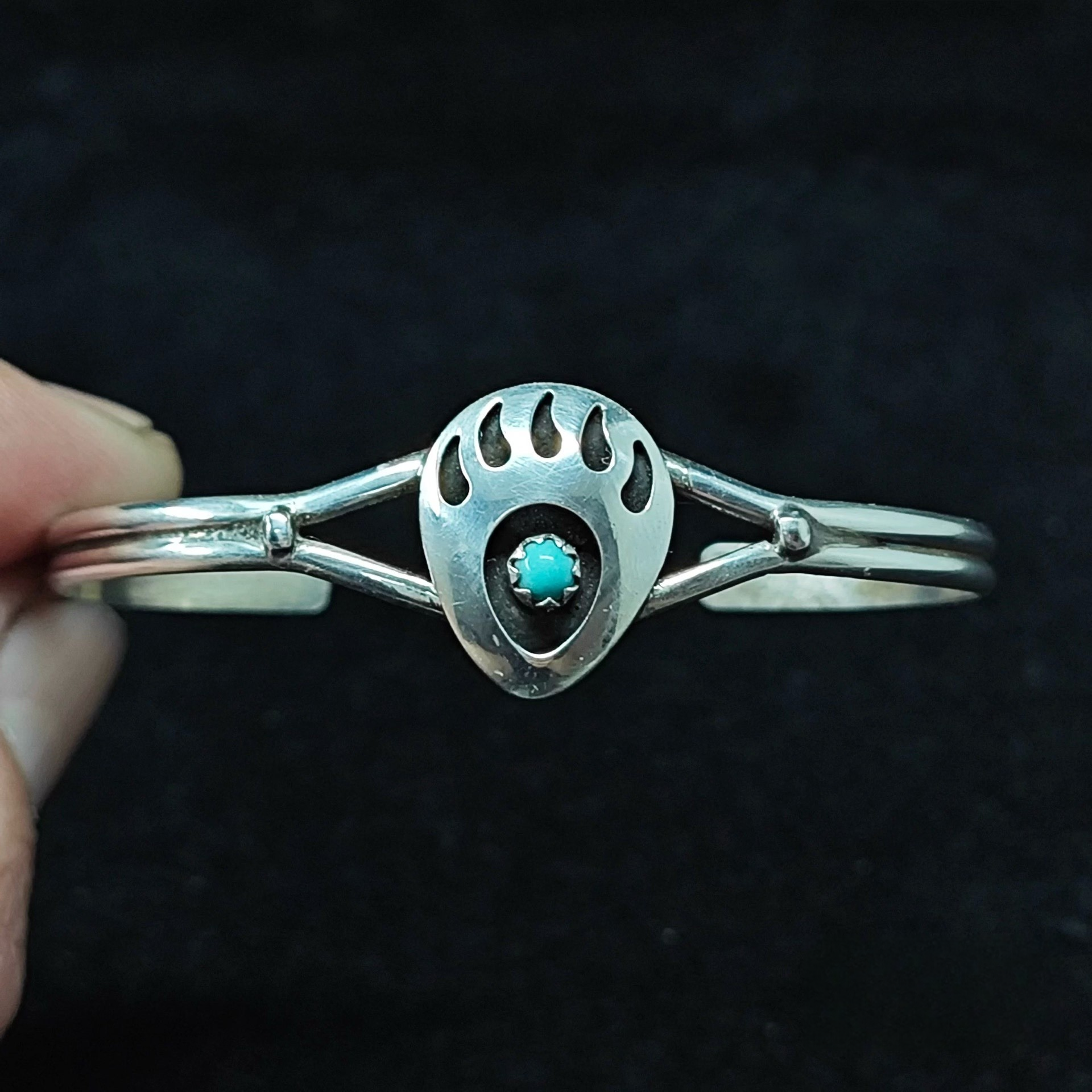 Sterling Silver Bear Paw Cuff Bracelet with Turquoise – Native American Inspired Tribal Bangle