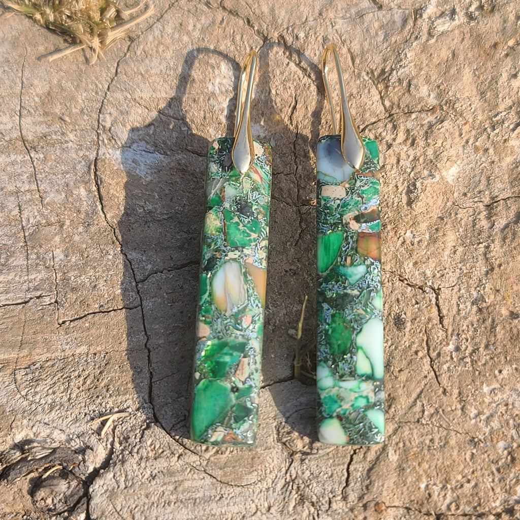 Handmade Forest Green Mosaic Resin Earrings – Long Rectangular Drop Earrings with Gold Hooks