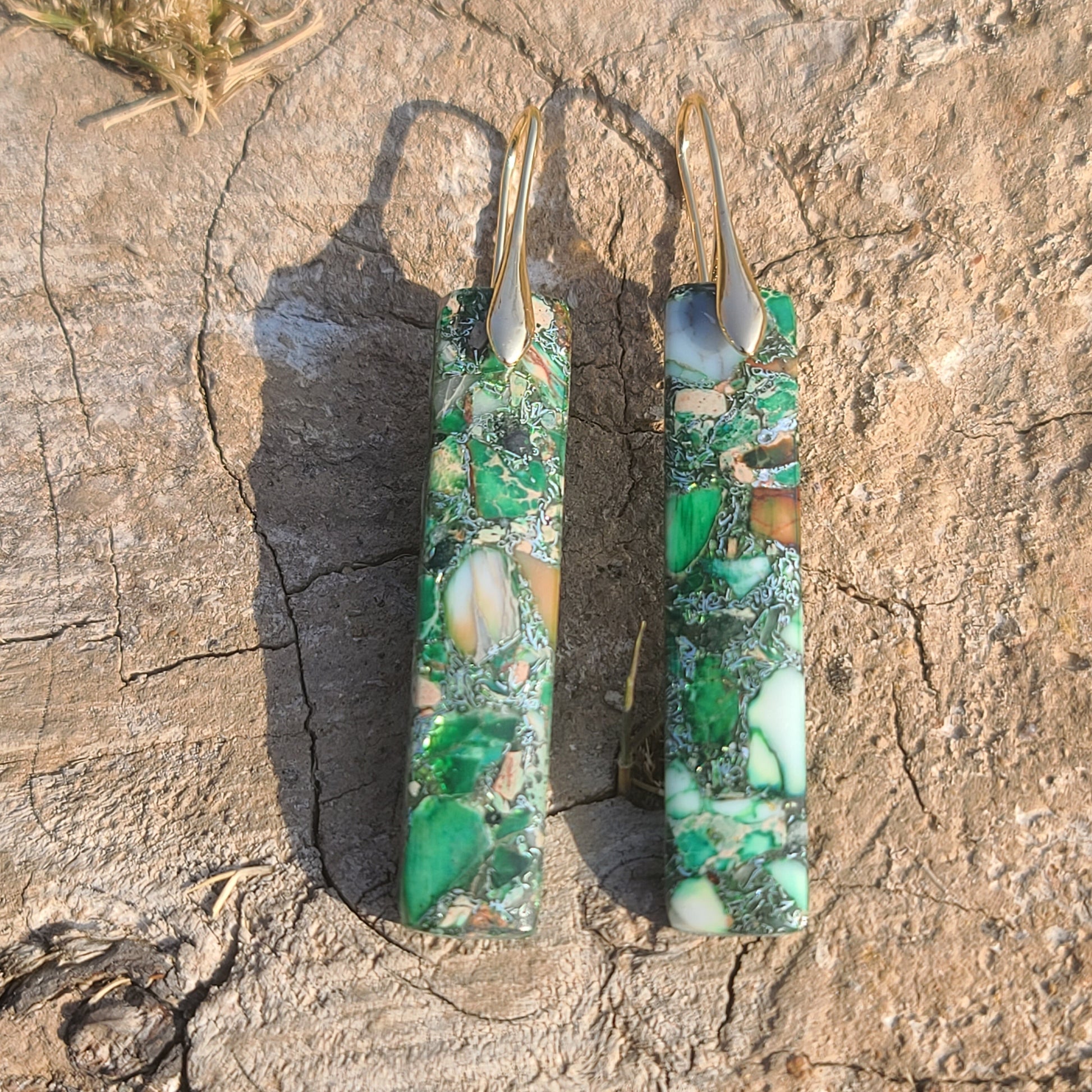 Handmade Forest Green Mosaic Resin Earrings – Long Rectangular Drop Earrings with Gold Hooks