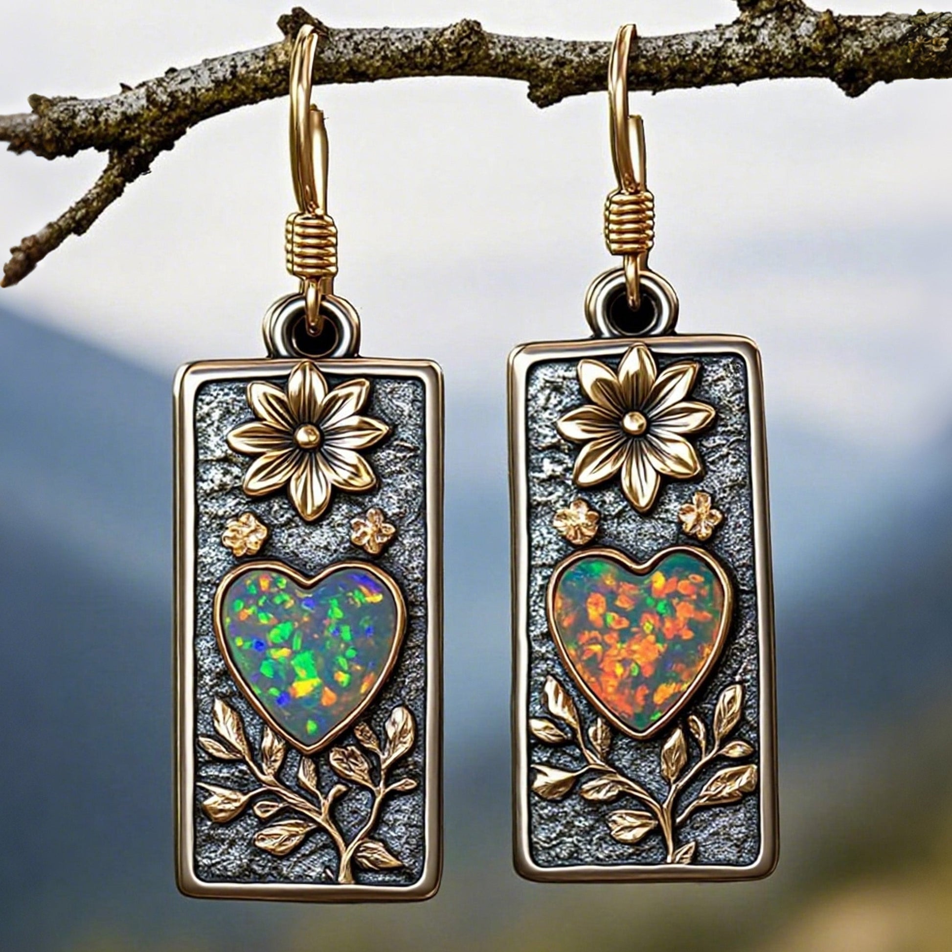 Handcrafted Vintage Floral Heart Opal Earrings