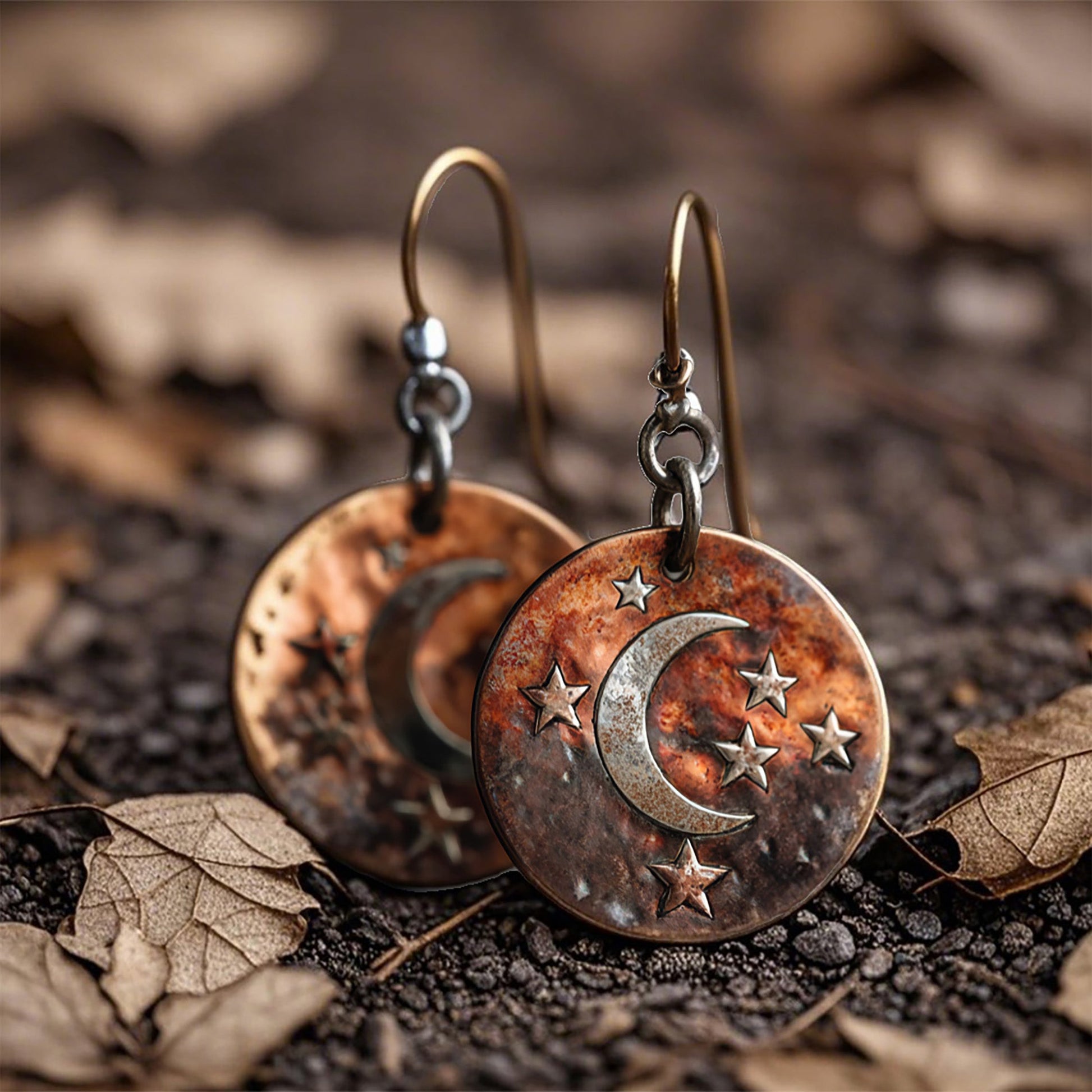 Vintage Copper Crescent Moon and Stars Earrings