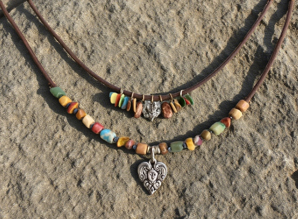 Boho Layered Beaded Necklace with Heart Pendant – Handmade Tribal Style with Natural Stone & Leather Cord